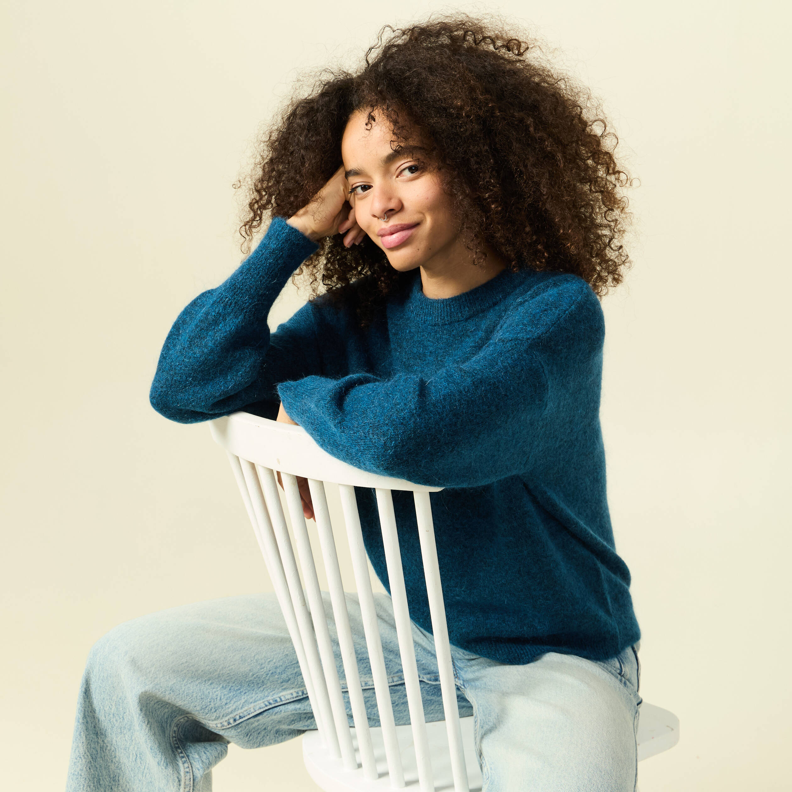 Pull col rond manches longues bleu canard femme