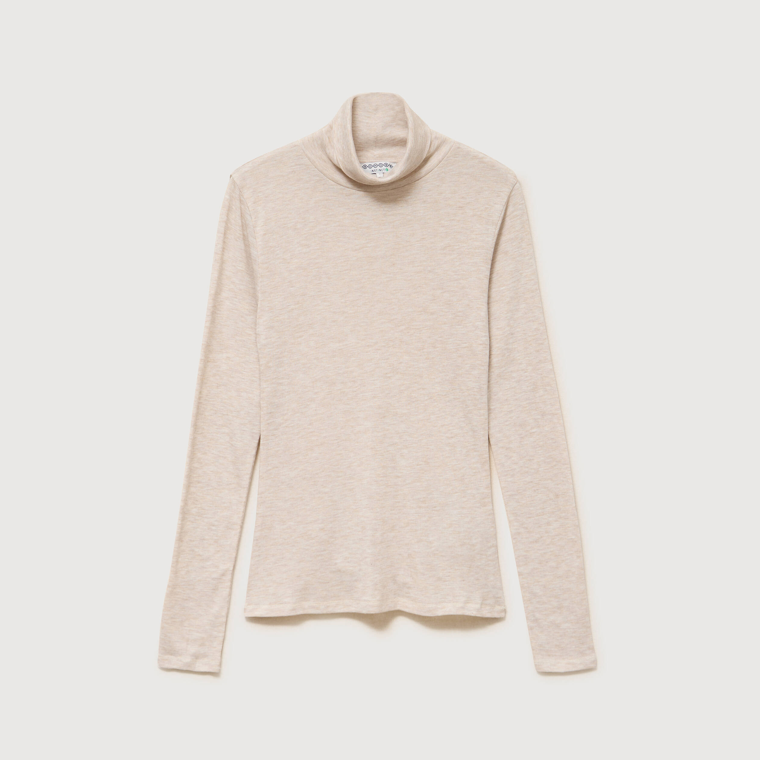 T-shirt cintr&eacute; manches longues col roul&eacute; beige femme