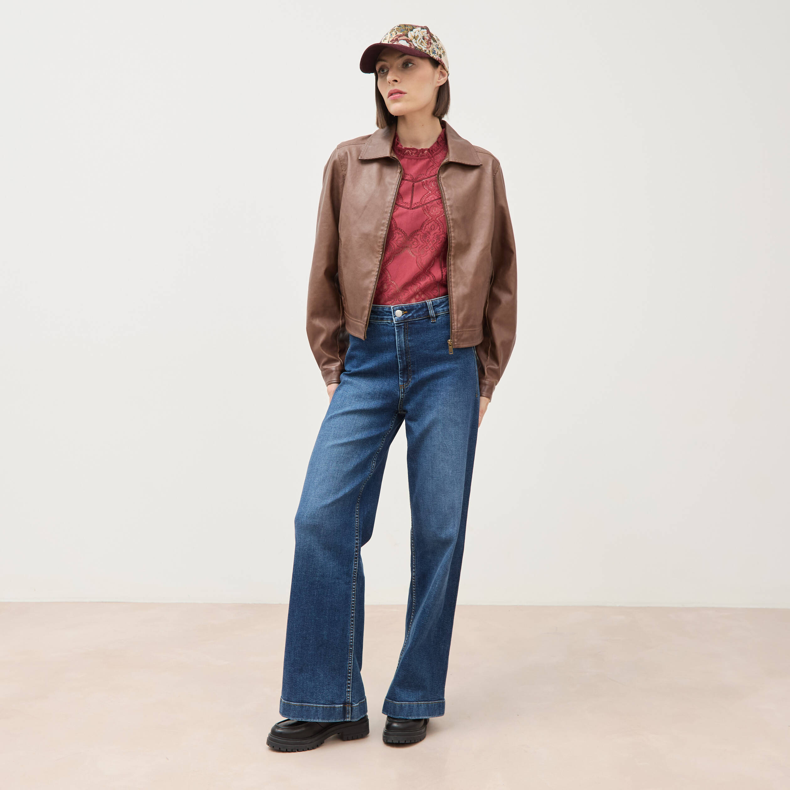 Jeans large taille haute denim stone femme