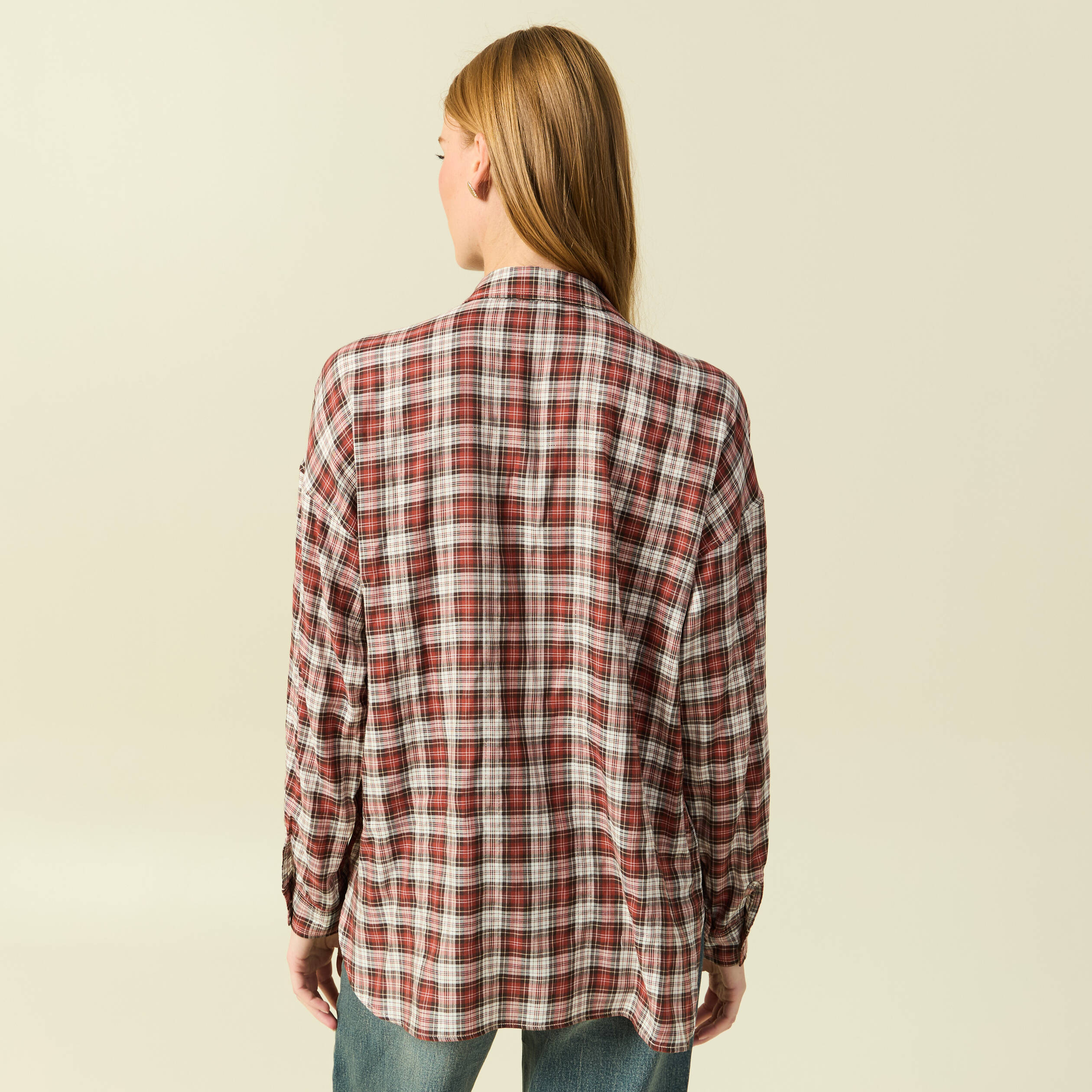 Chemise manches longues col v fluide bordeaux femme