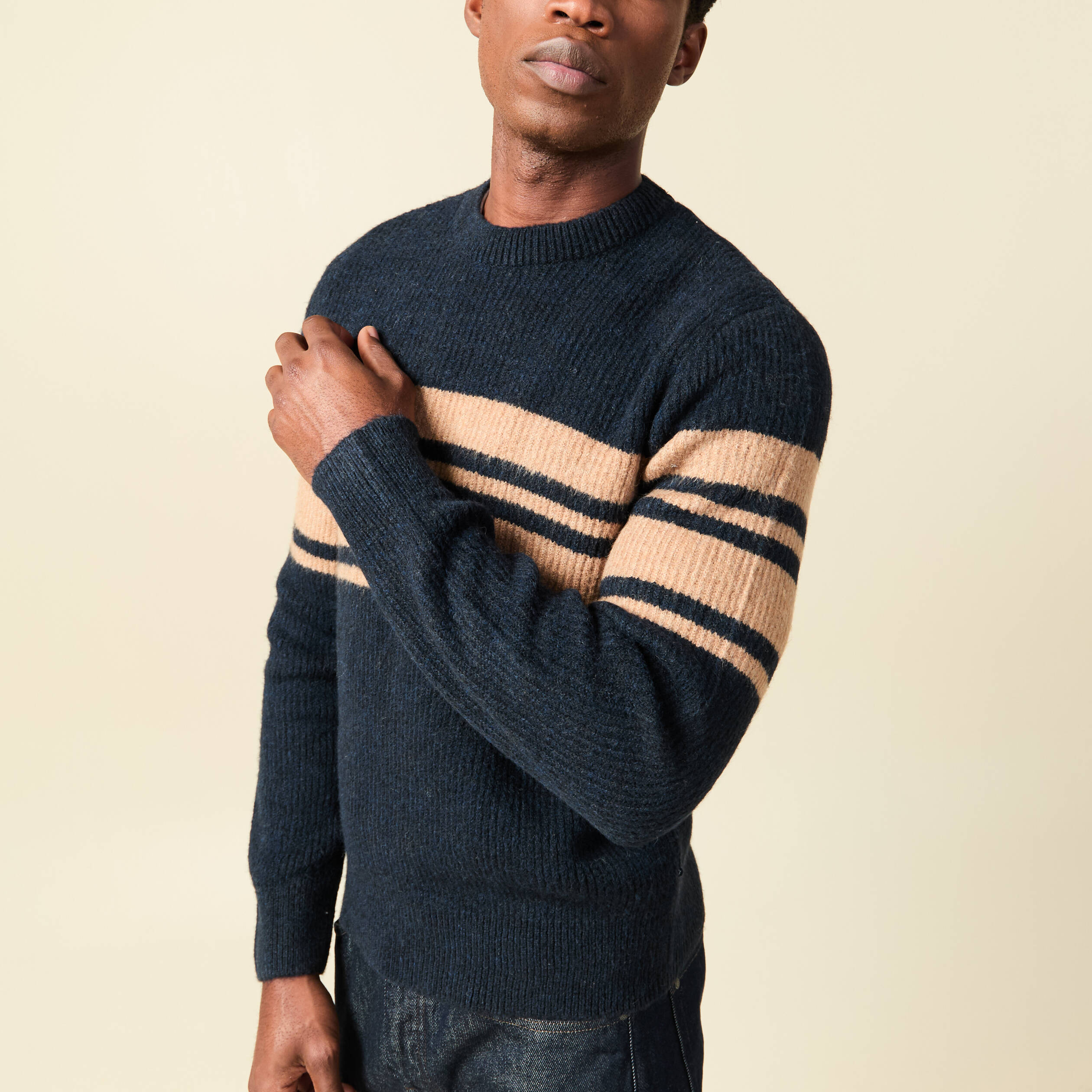 Pull manches longues col rond bleu marine homme