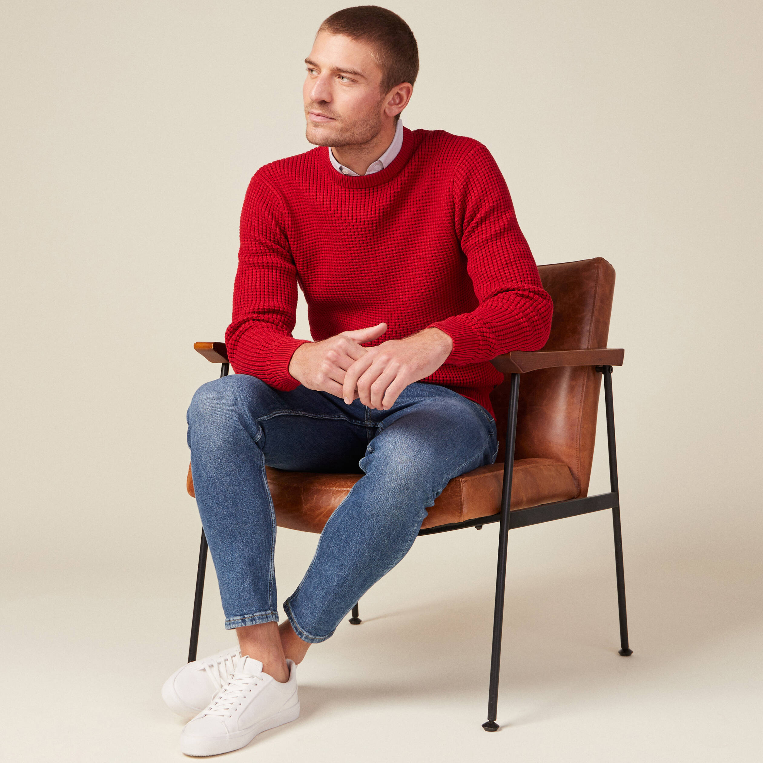 Pull manches longues col rond rouge fonc&eacute; homme