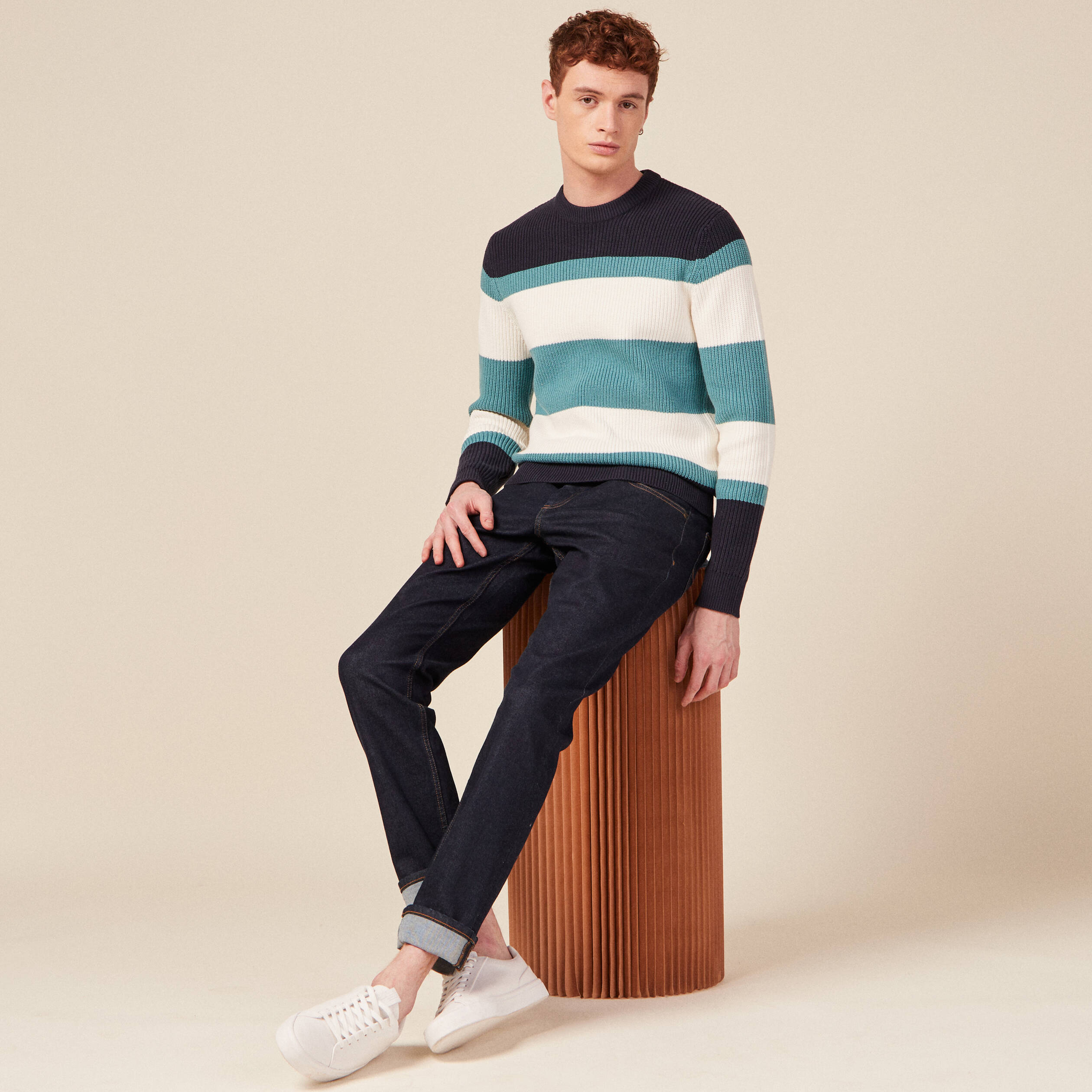 Pull fin col rond manches longues bleu p&eacute;trole homme
