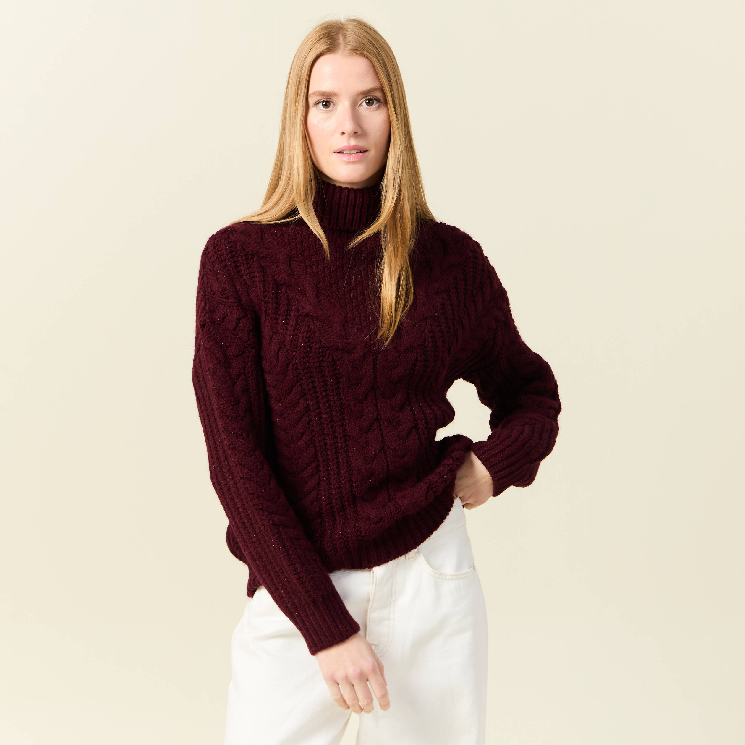 Pull manches longues col roulé rouge foncé femme