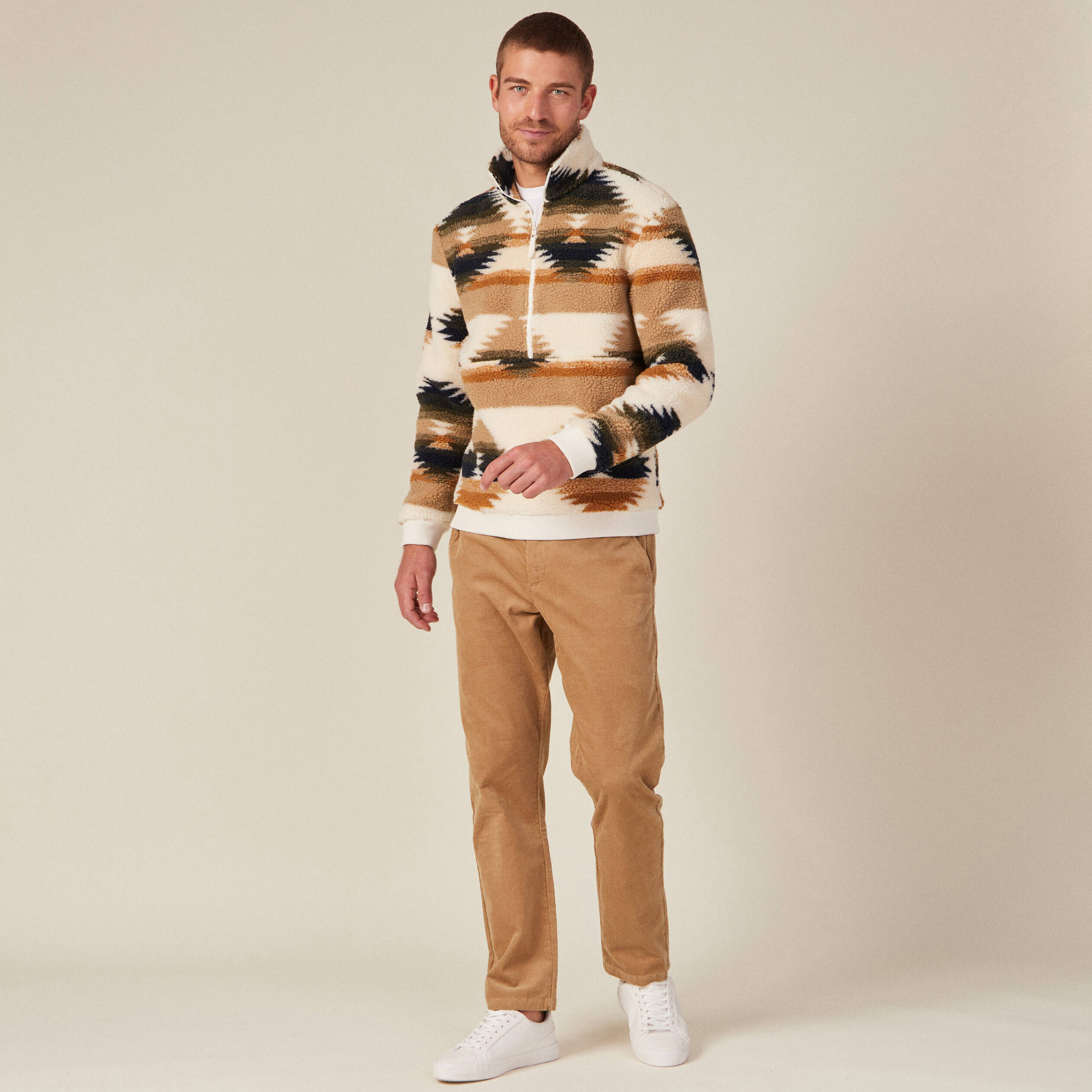 Sweat col camionneur zippé ecru homme