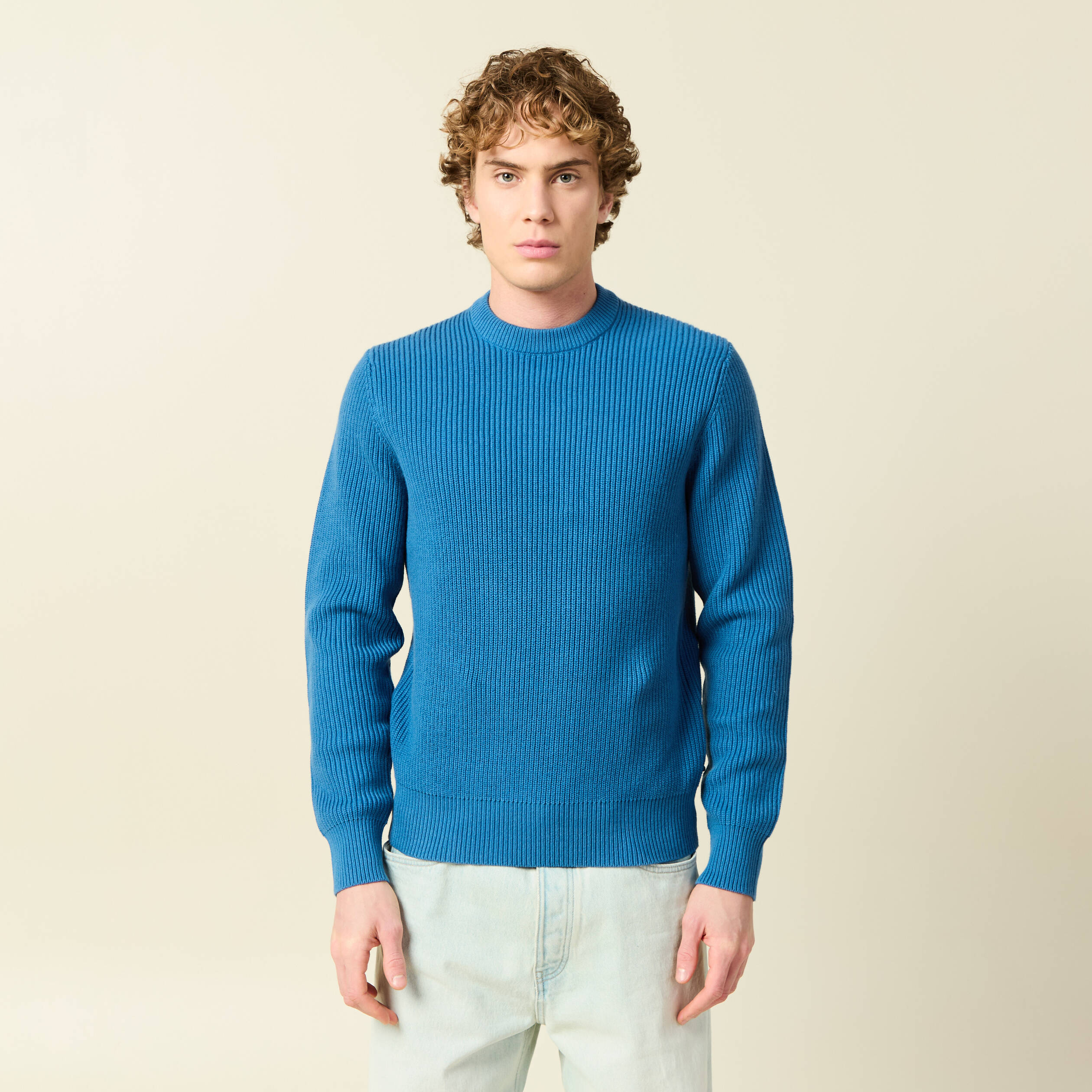 Pull fin manches longues col rond bleu fonc&eacute; homme