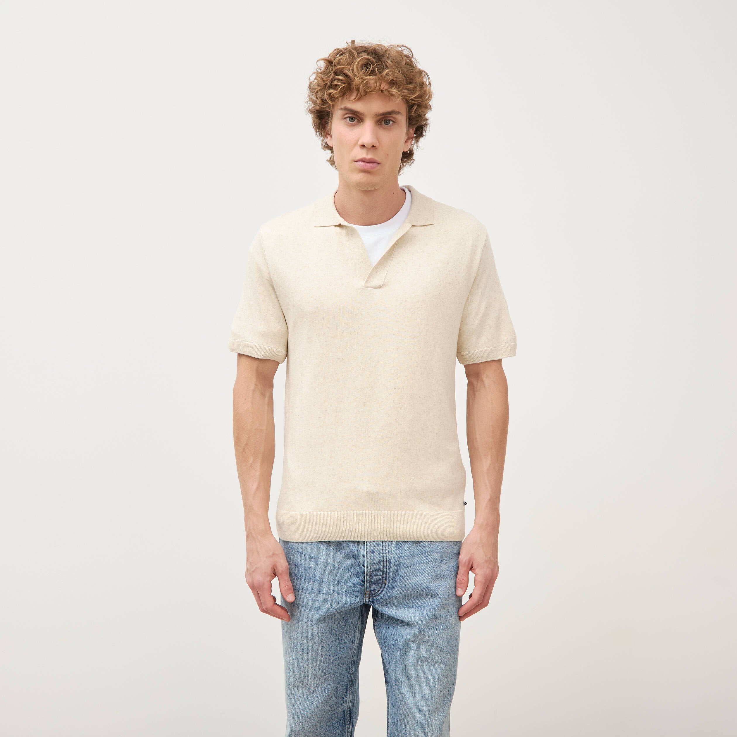 Polo manches courtes col cubain ecru homme