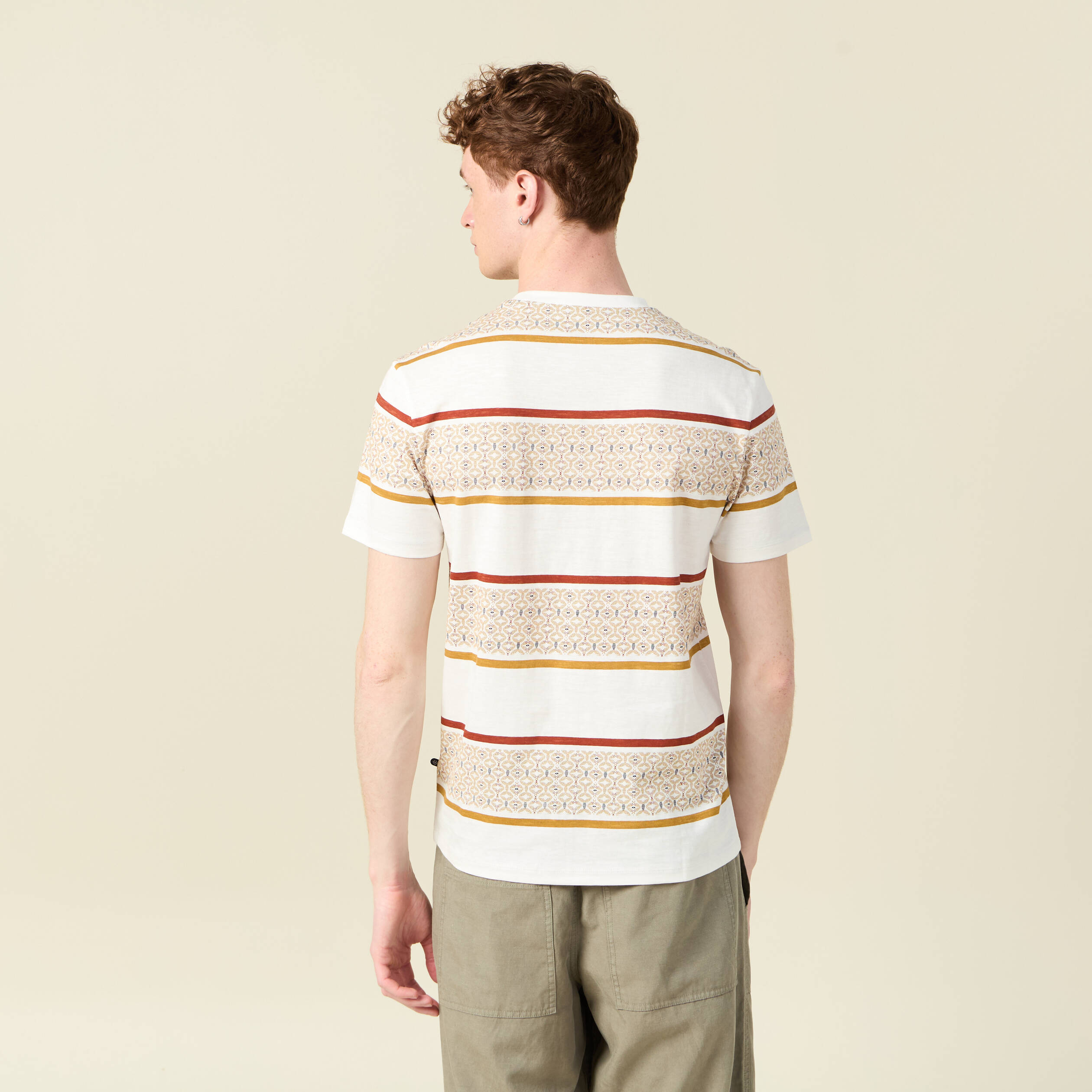 T-shirt ray&eacute; col rond manches courtes ecru homme