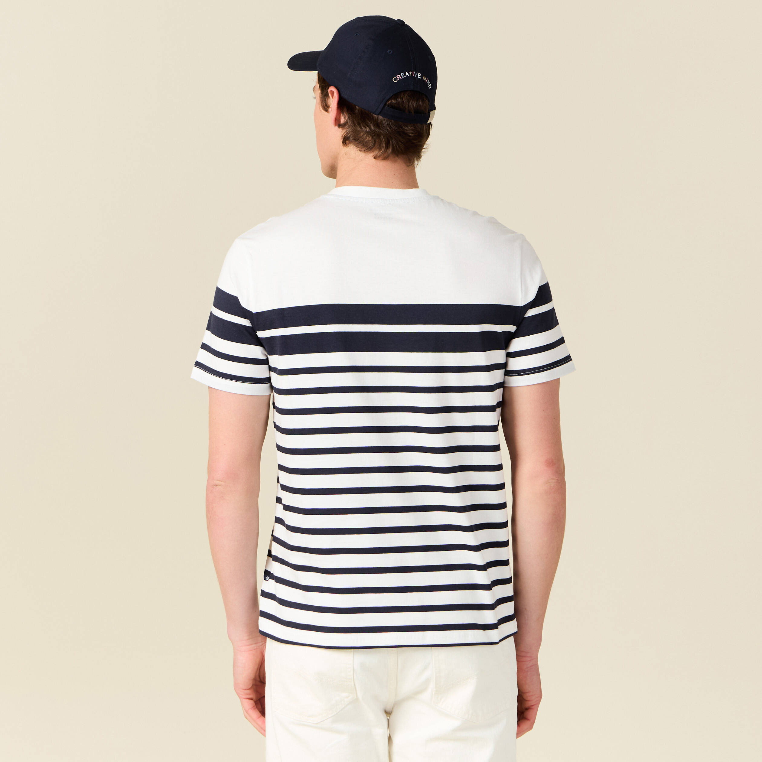 T-shirt ray&eacute; col rond manches courtes ecru homme