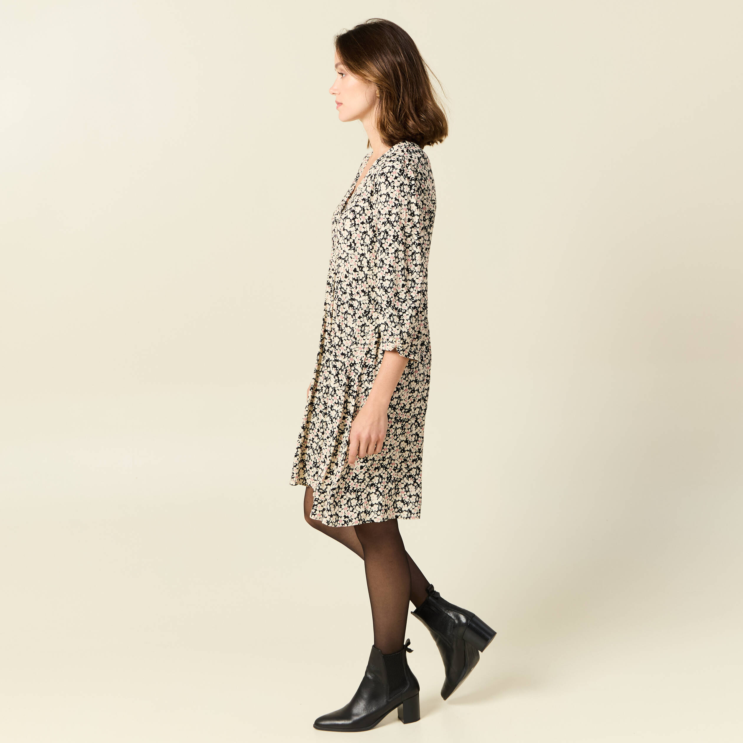Robe évasée manches 3/4 noir femme
