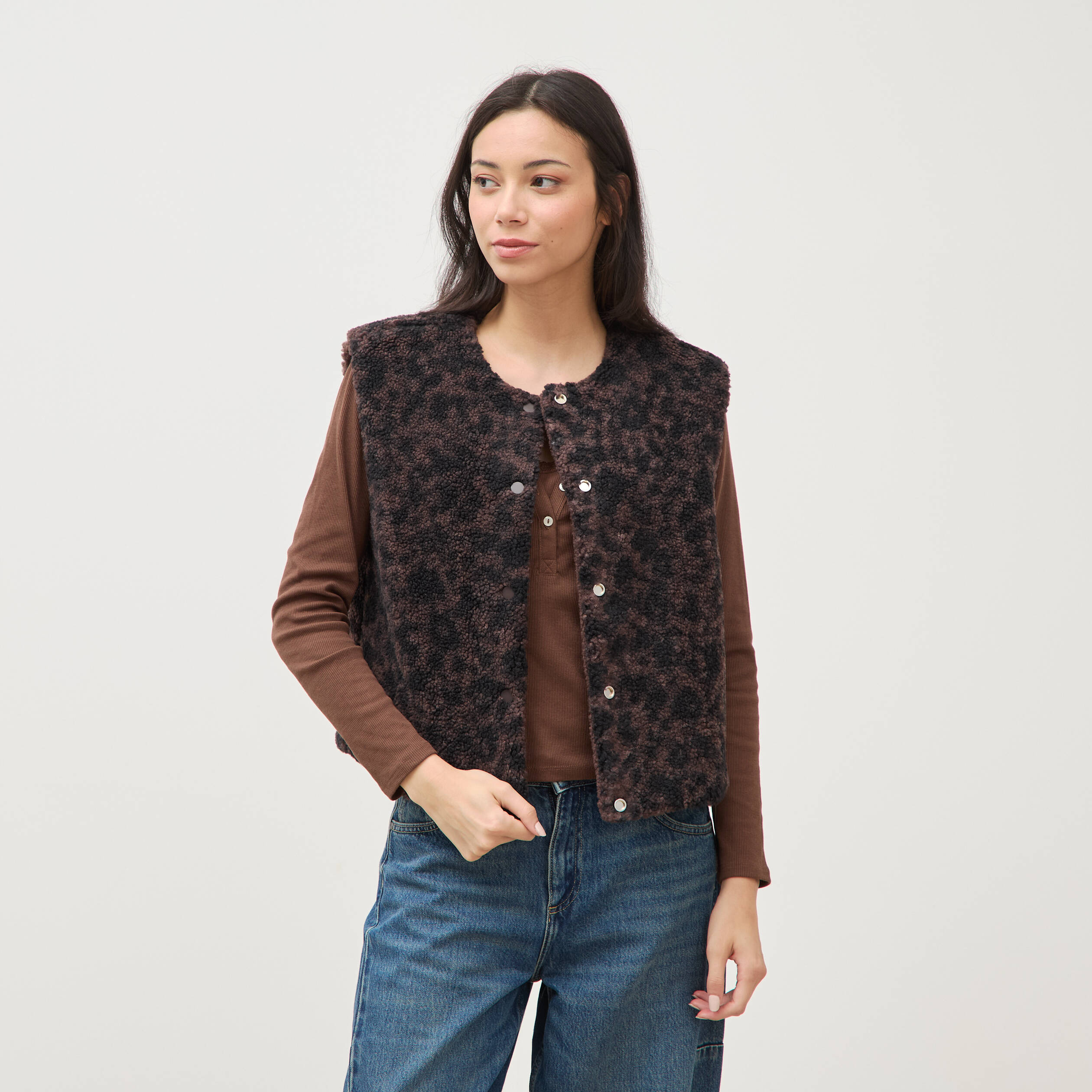 Gilet sans manches r&eacute;versible marron chocolat femme