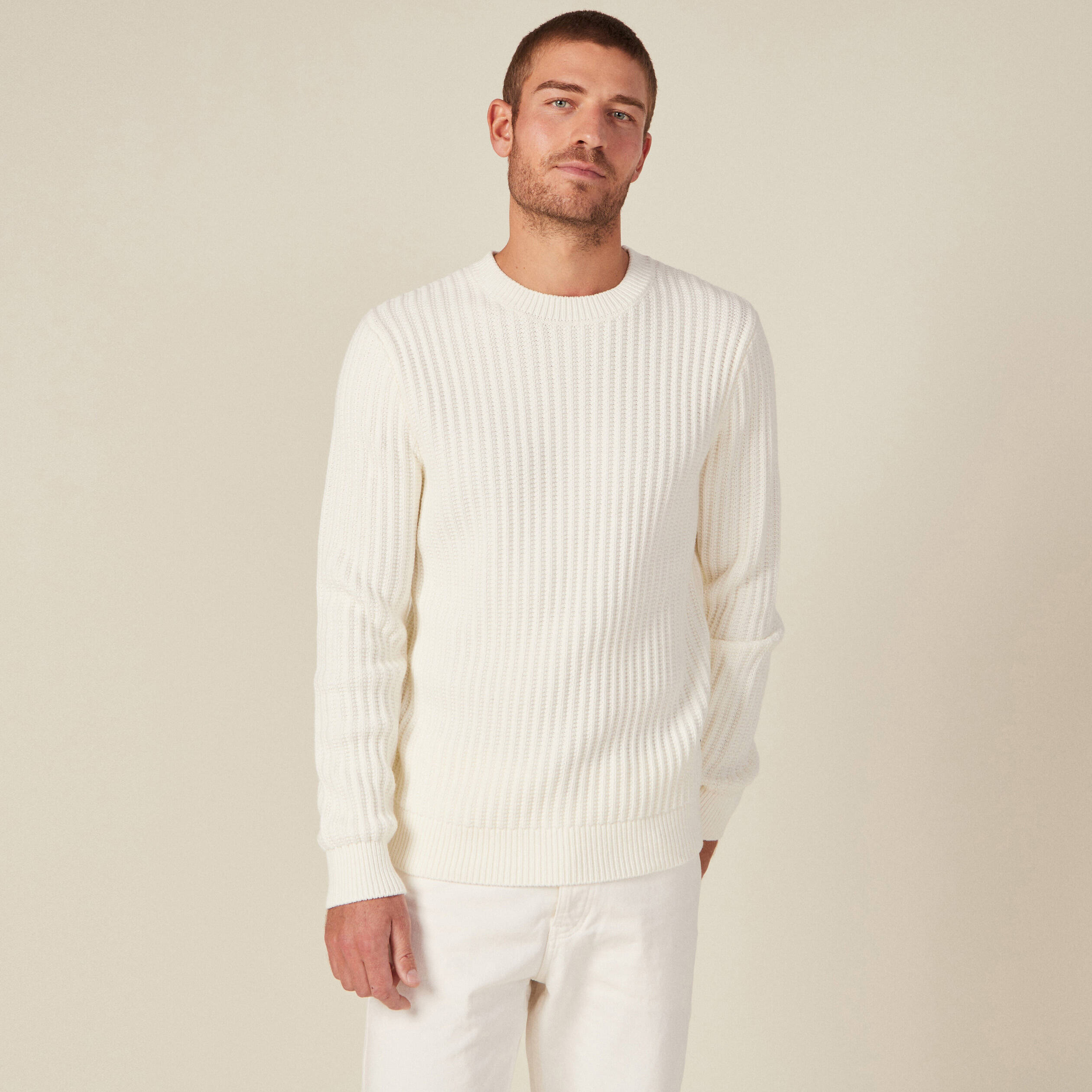 Pull manches longues col rond ecru homme