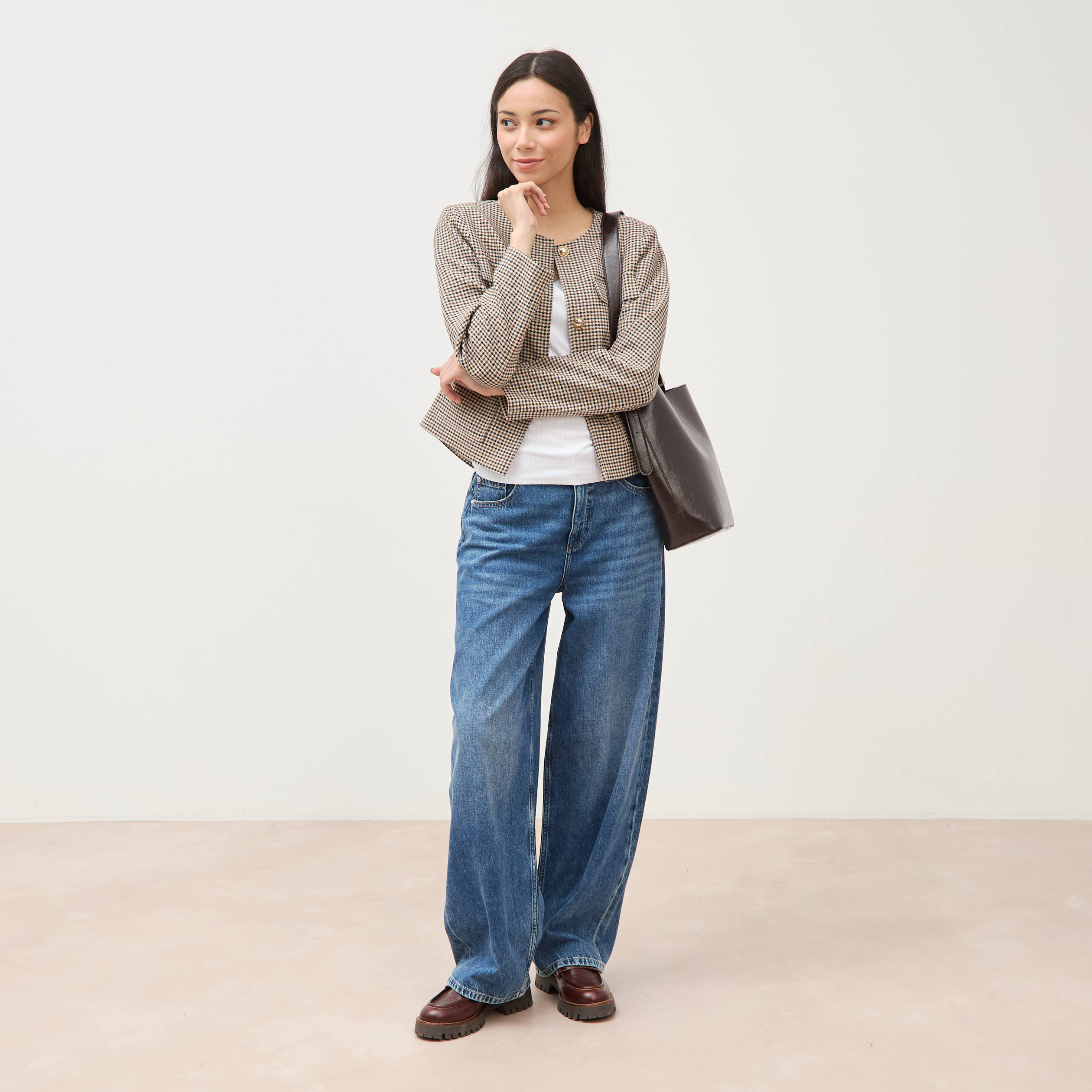 Veste &agrave; carreaux manches longues marron femme