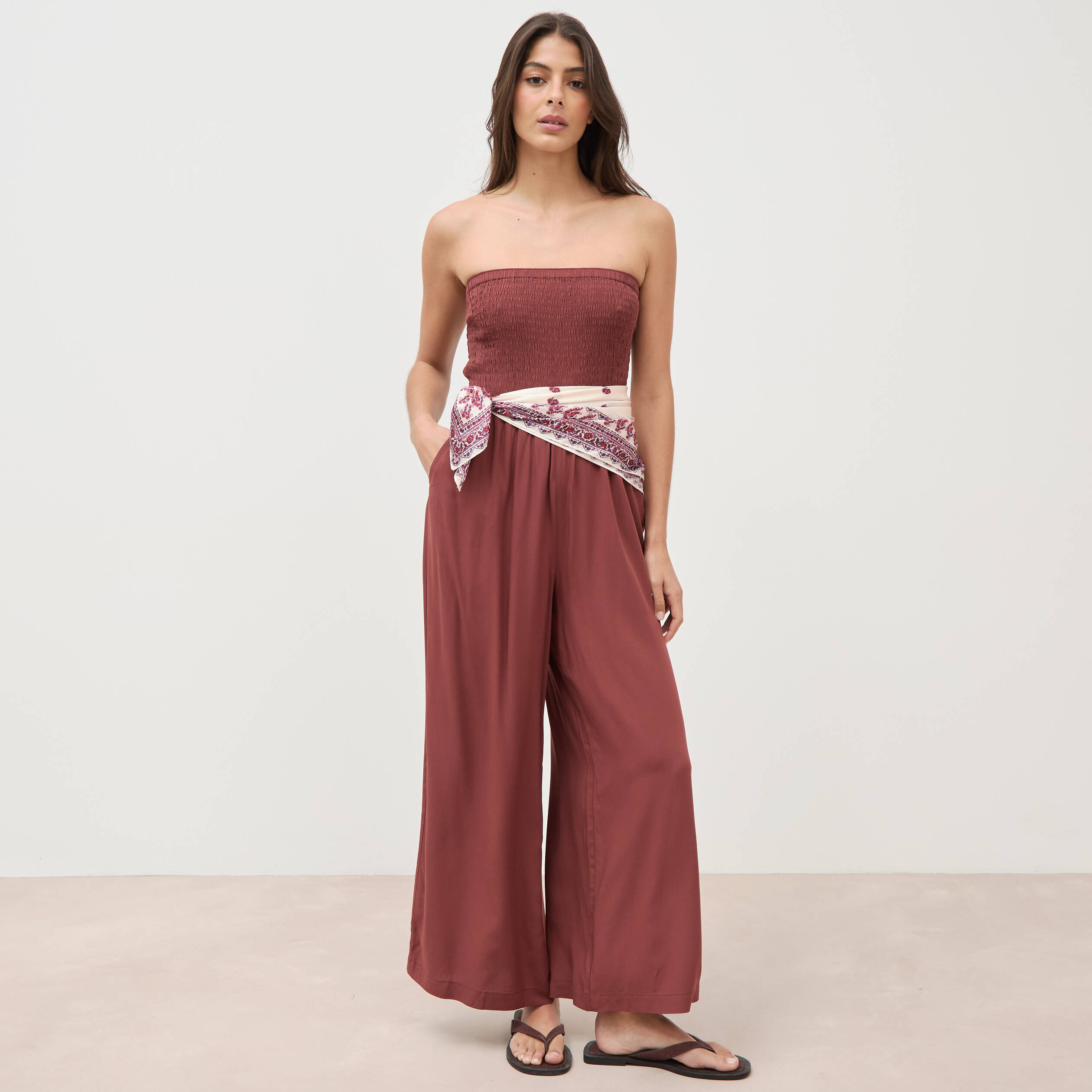 Combinaison bustier sans manches marron cognac femme