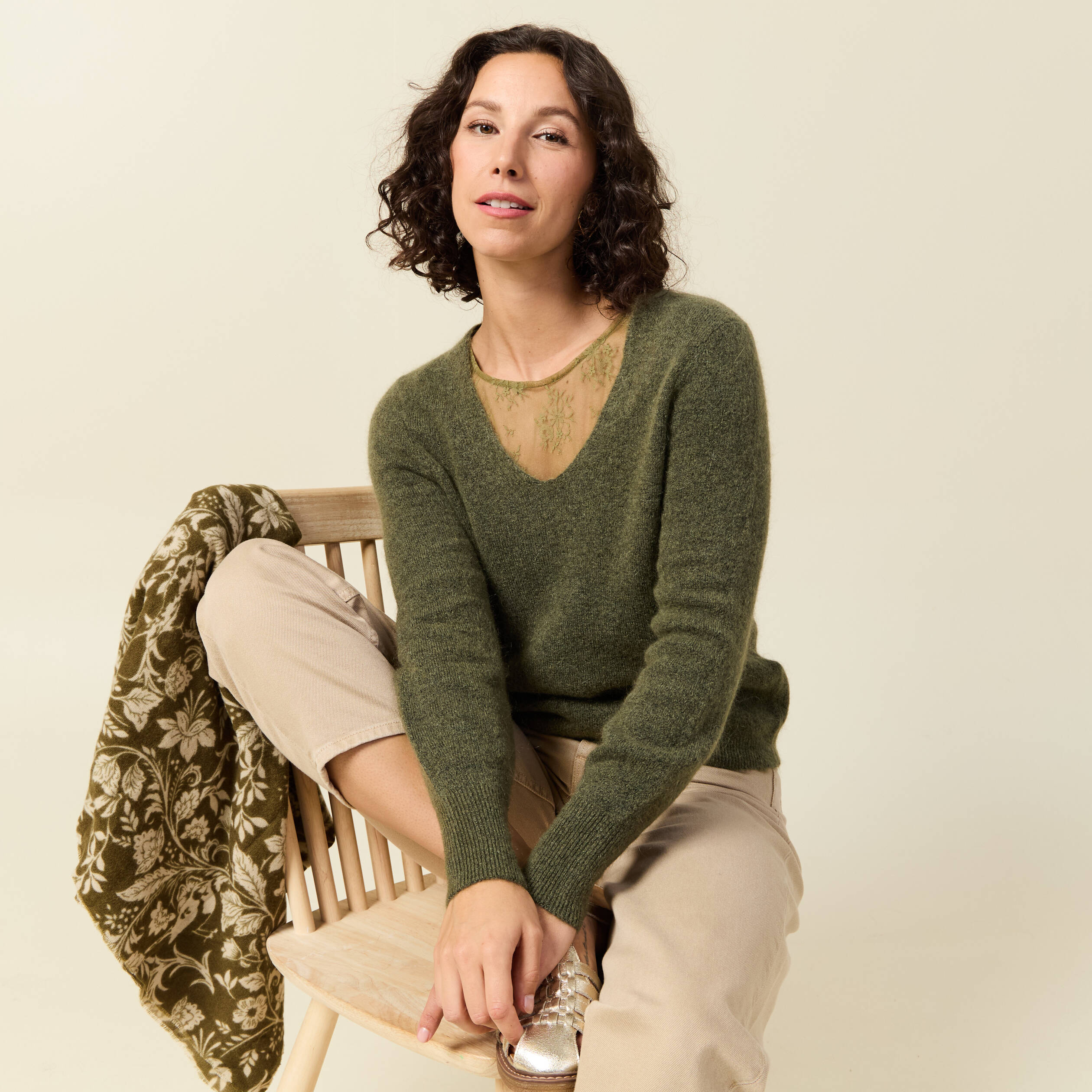 Pull col V manches longues vert kaki femme Vibs