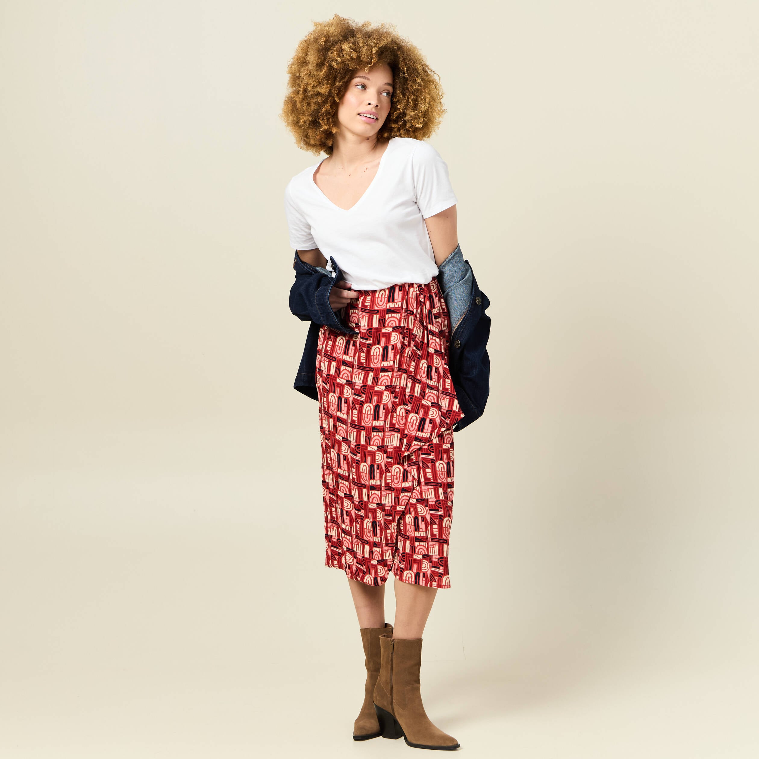 Jupe midi portefeuille fluide rouge fonc&eacute; femme