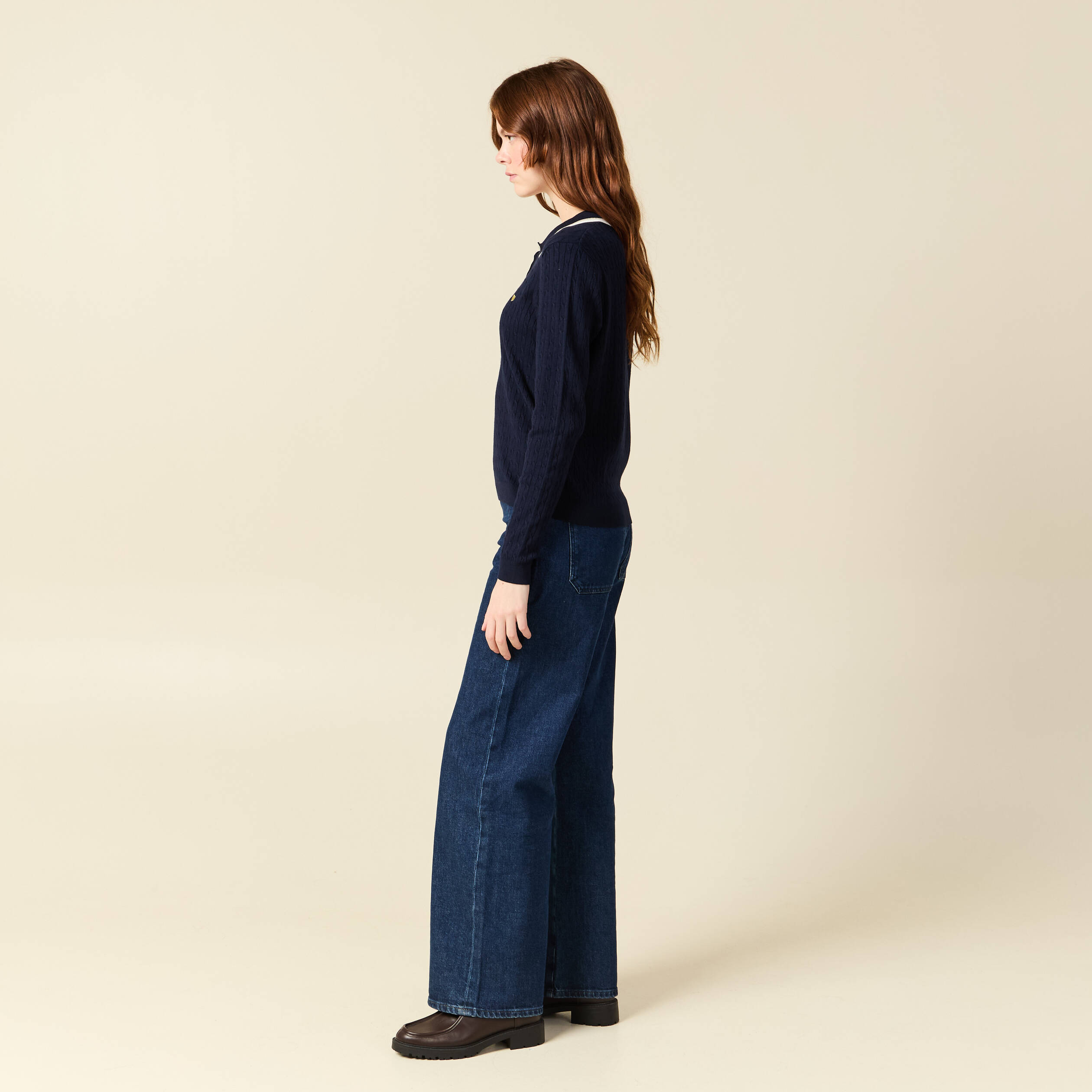 Polo avec torsade et c&oelig;ur brod&eacute; bleu marine femme