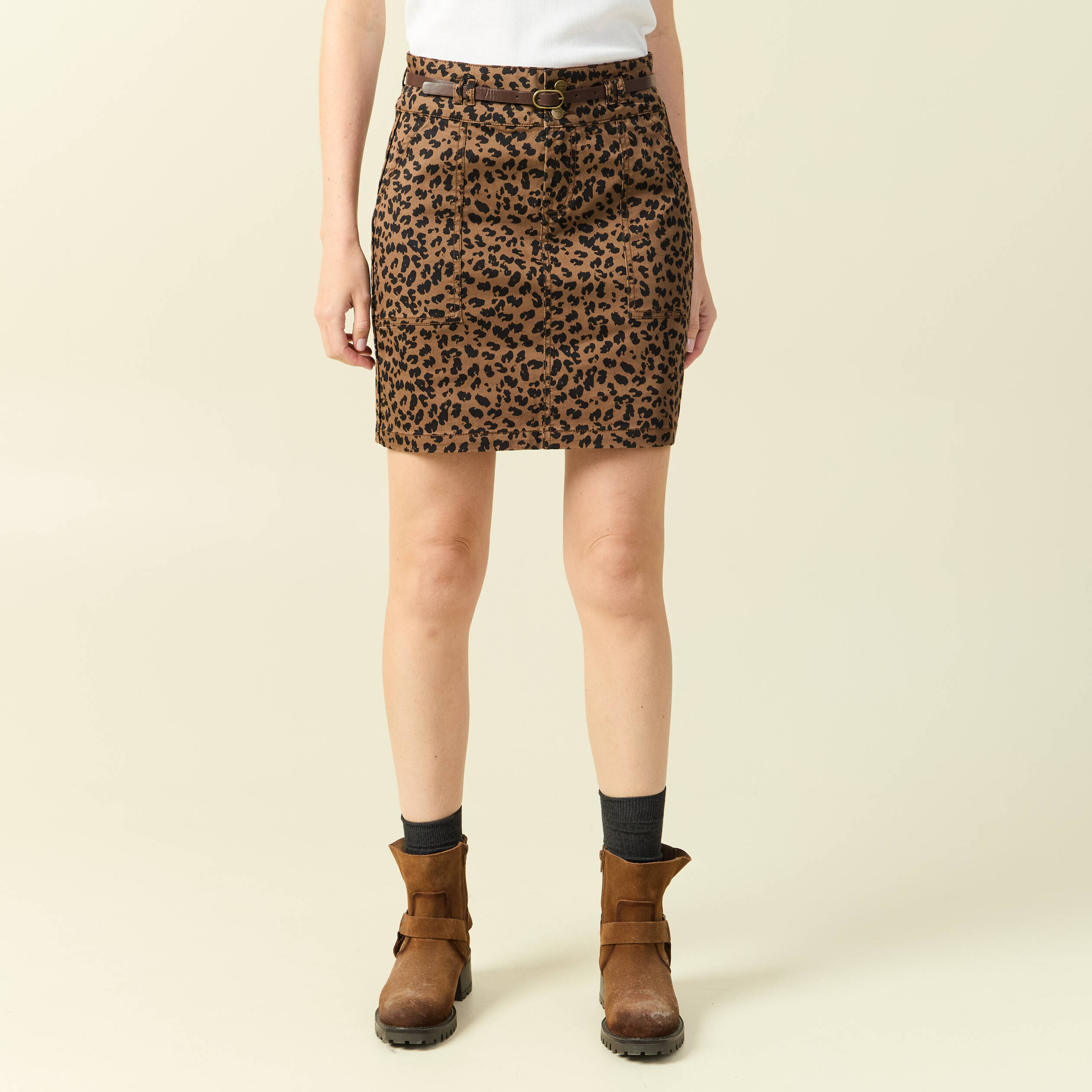 Jupe stretch avec ceinture amovible marron cognac femme