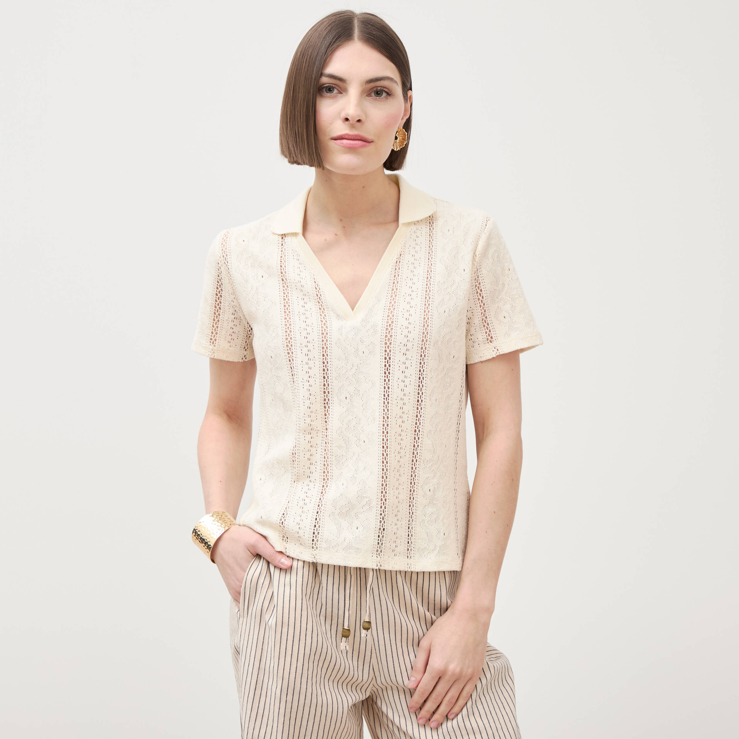 Polo ajust&eacute; manches courtes dentelle ivoire femme