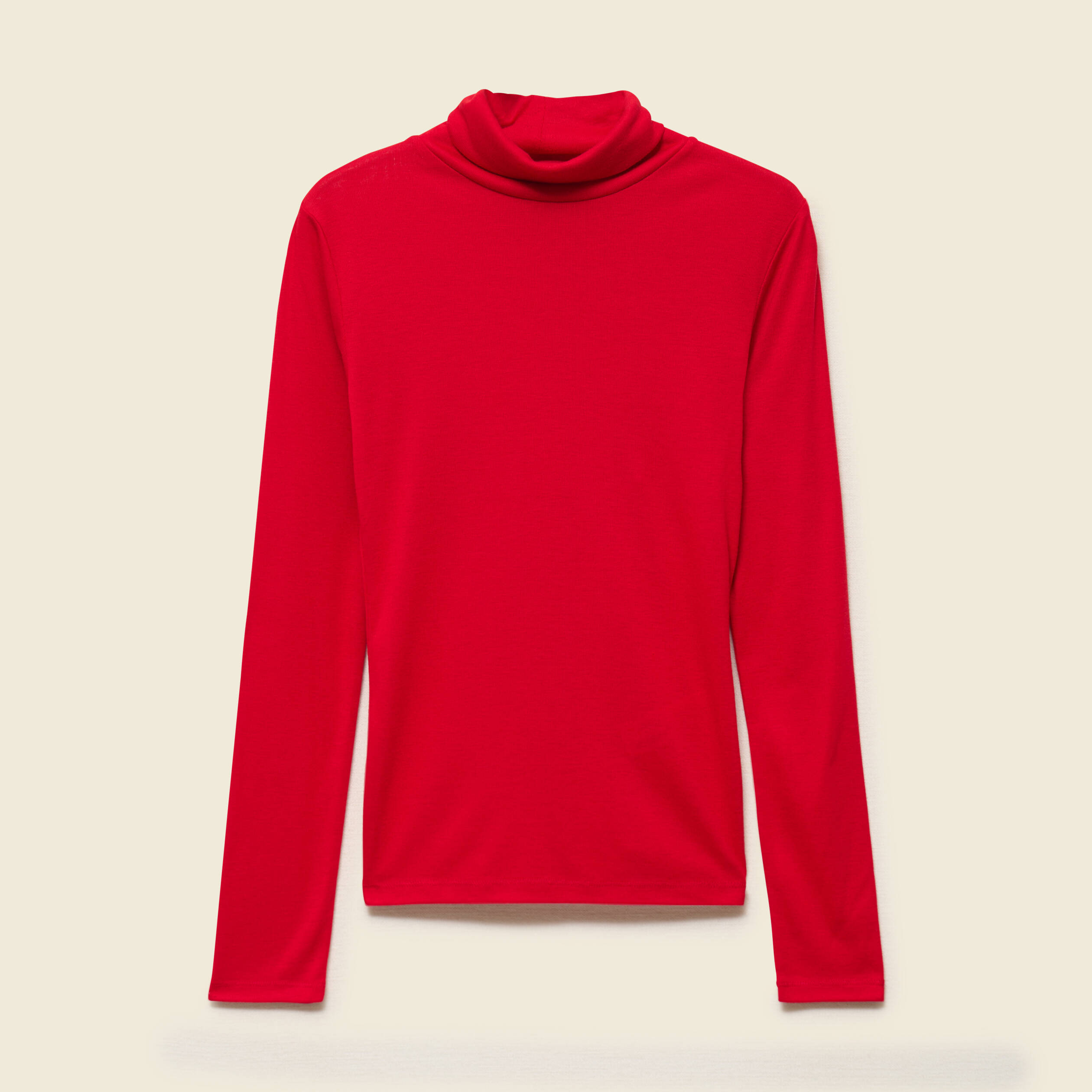T-shirt cintr&eacute; manches longues col roul&eacute; rouge femme