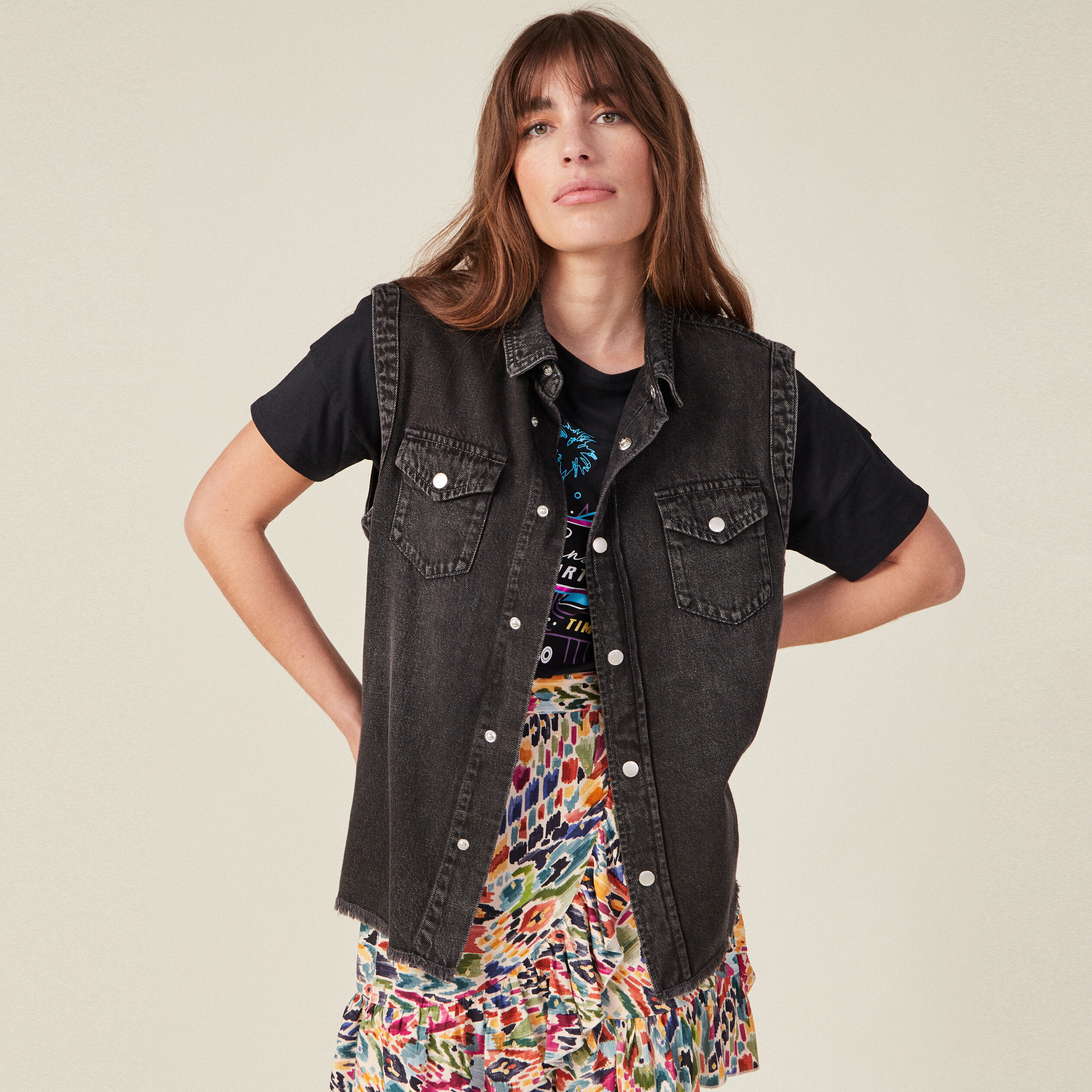 Veste droite en jean denim snow noir femme