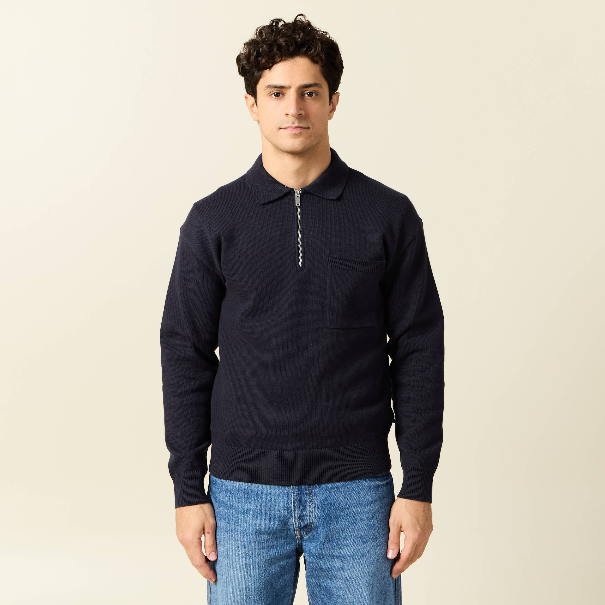 Pull manches longues col polo bleu marine homme