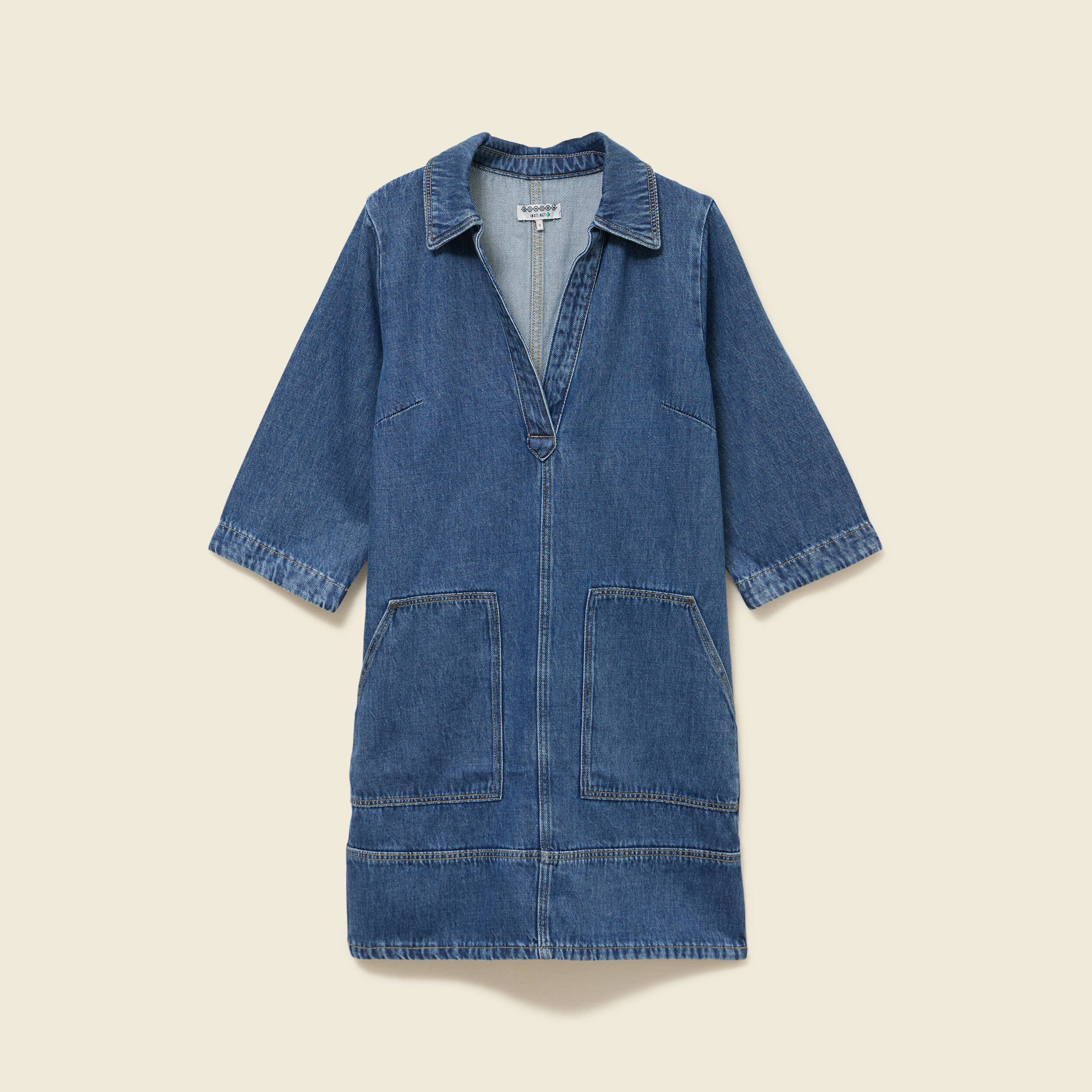 Robe droite courte en coton col v denim stone femme