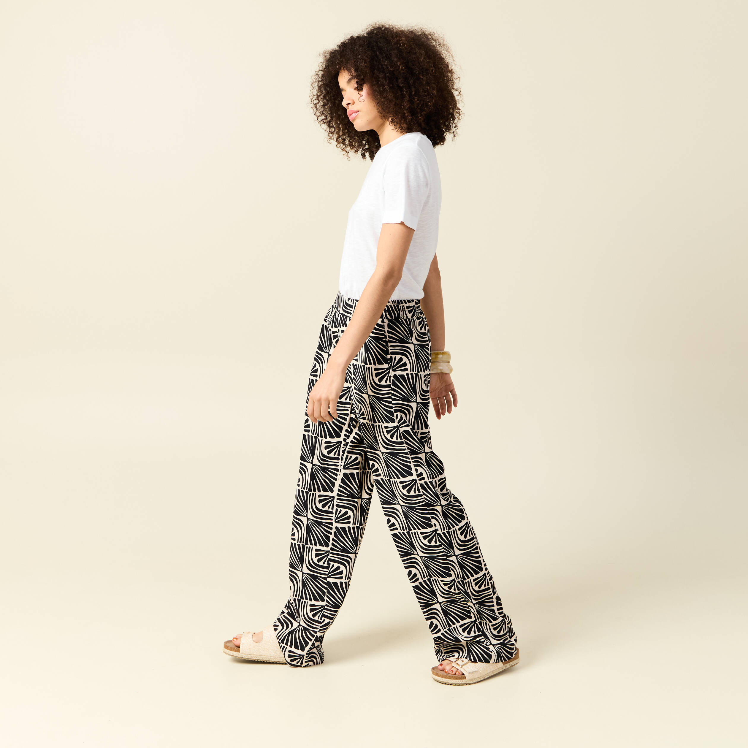 Pantalon large taille haute fluide creme femme Vibs