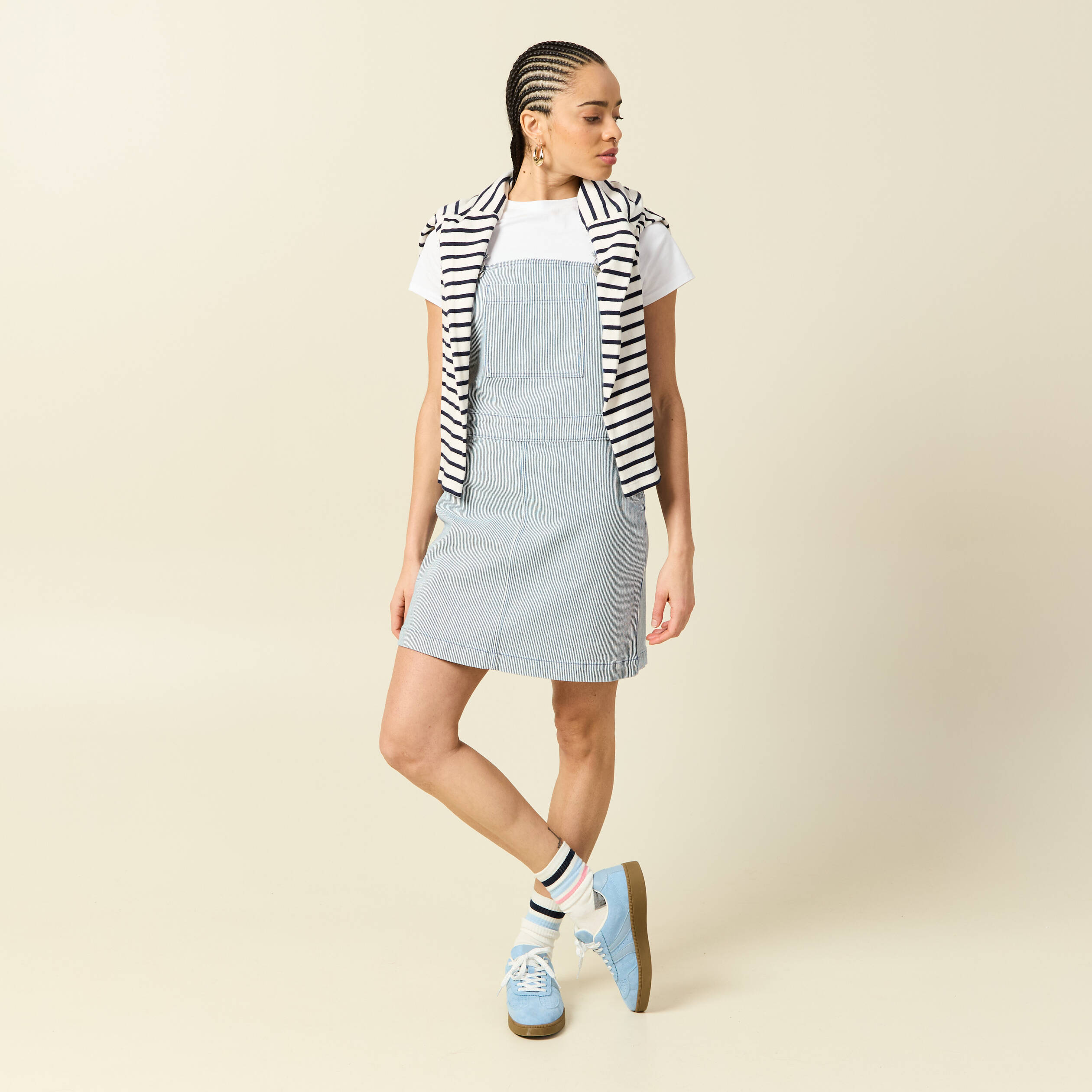 Robe en jeans &agrave; bretelles col carr&eacute; bleu marine femme