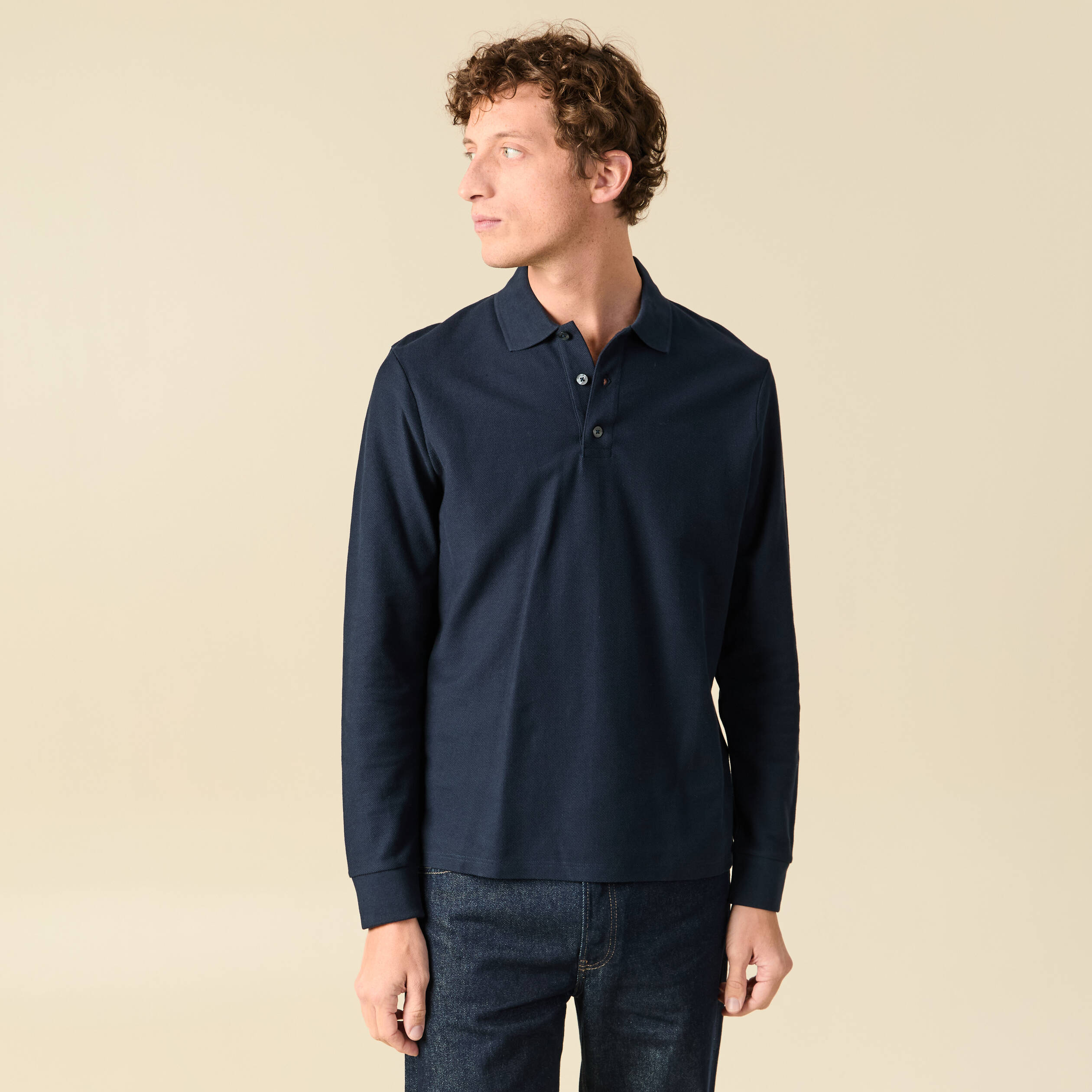 Polo manches longues en coton bleu marine homme