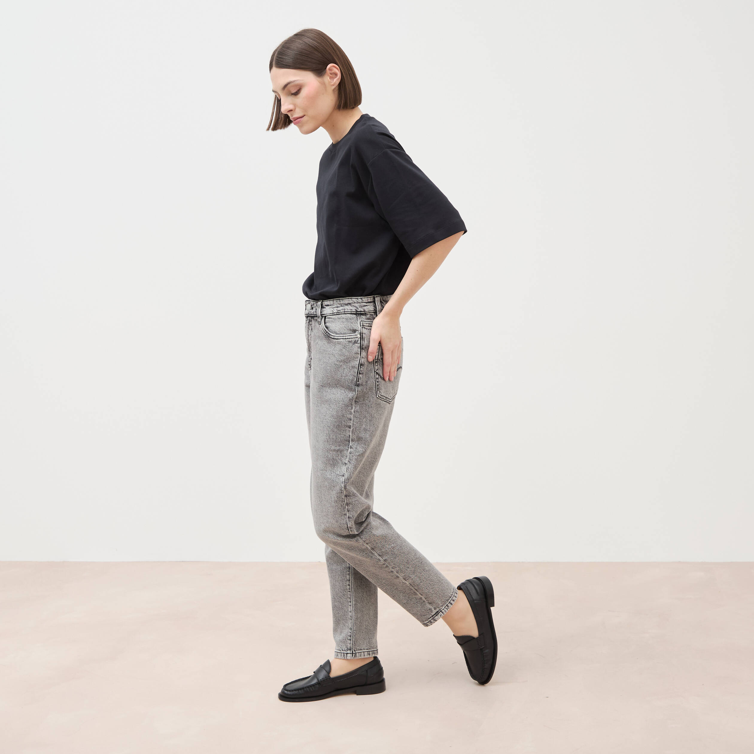 Jeans mom 7/8&egrave;me denim snow gris femme