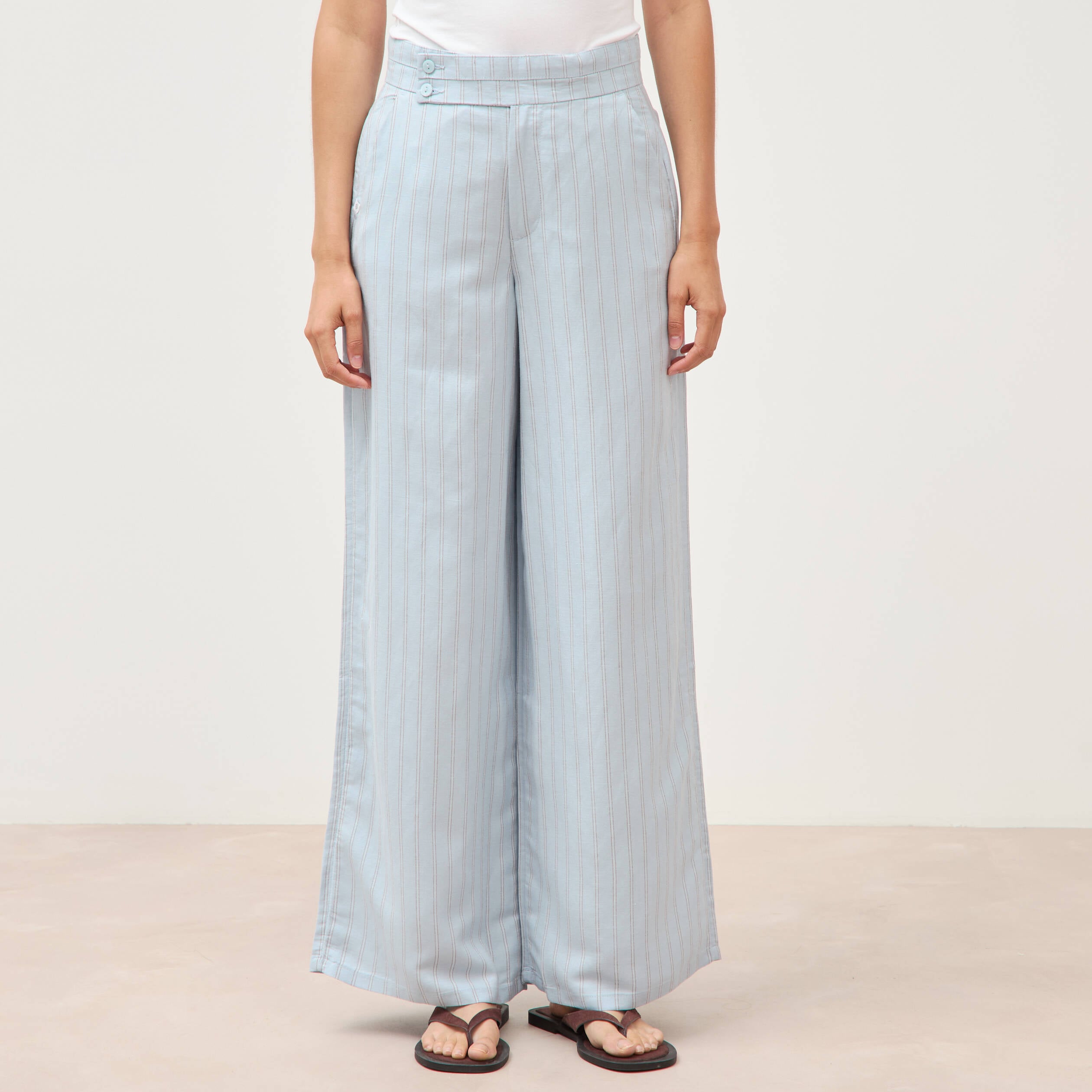 Pantalon large taille haute ceinture bleu ciel femme