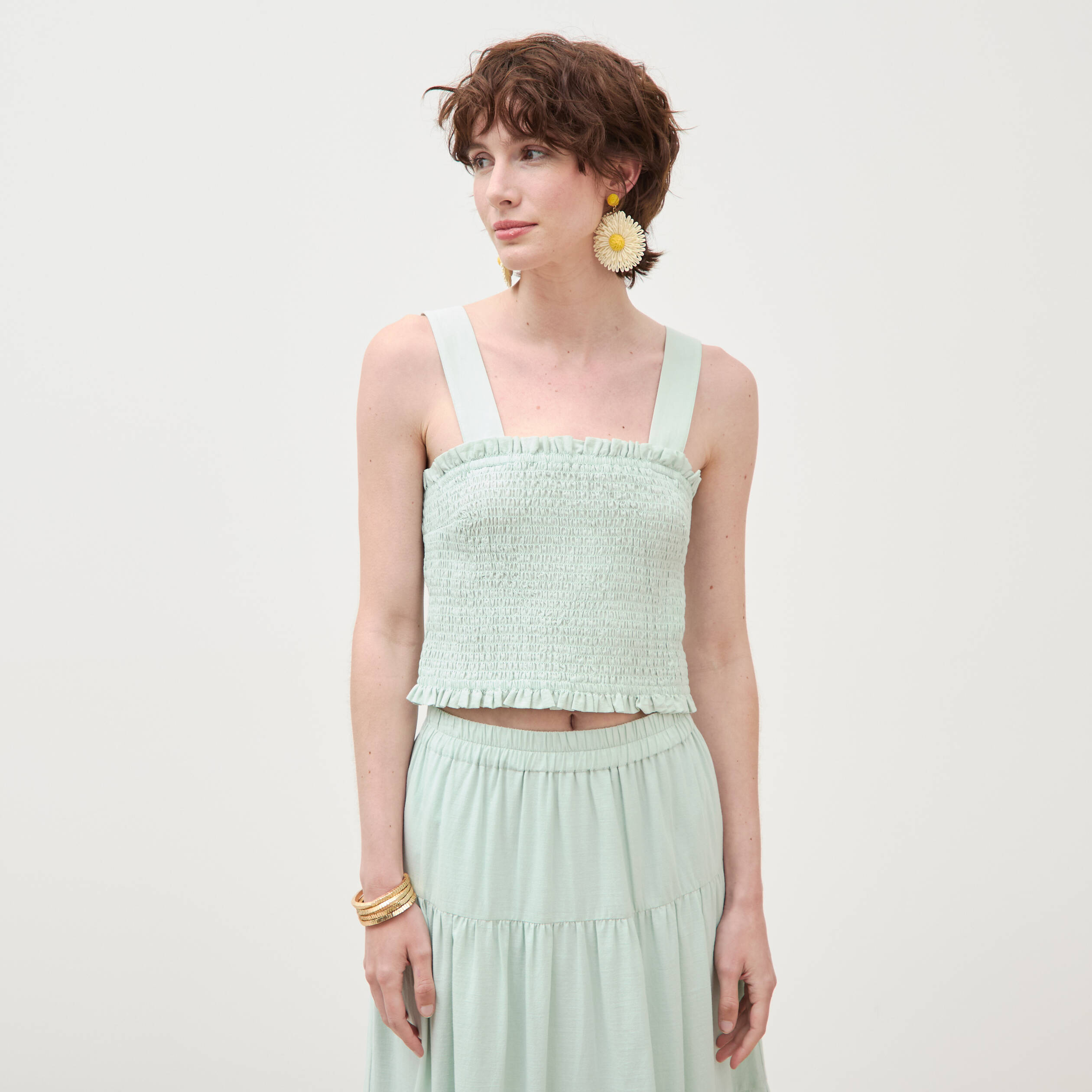 Top cintr&eacute; court &agrave; bretelles col carr&eacute; vert pastel femme