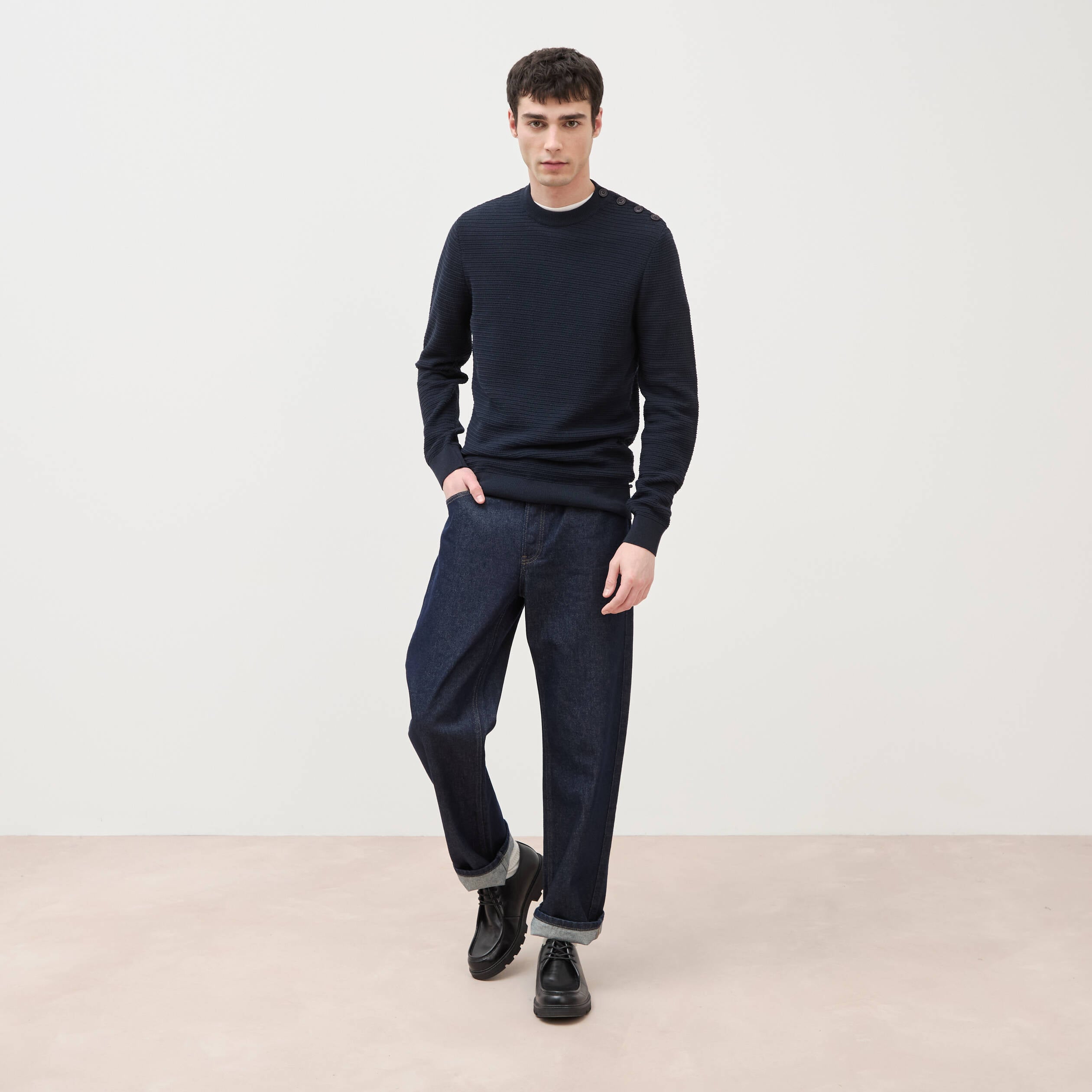 Pull col rond manches longues bleu marine homme