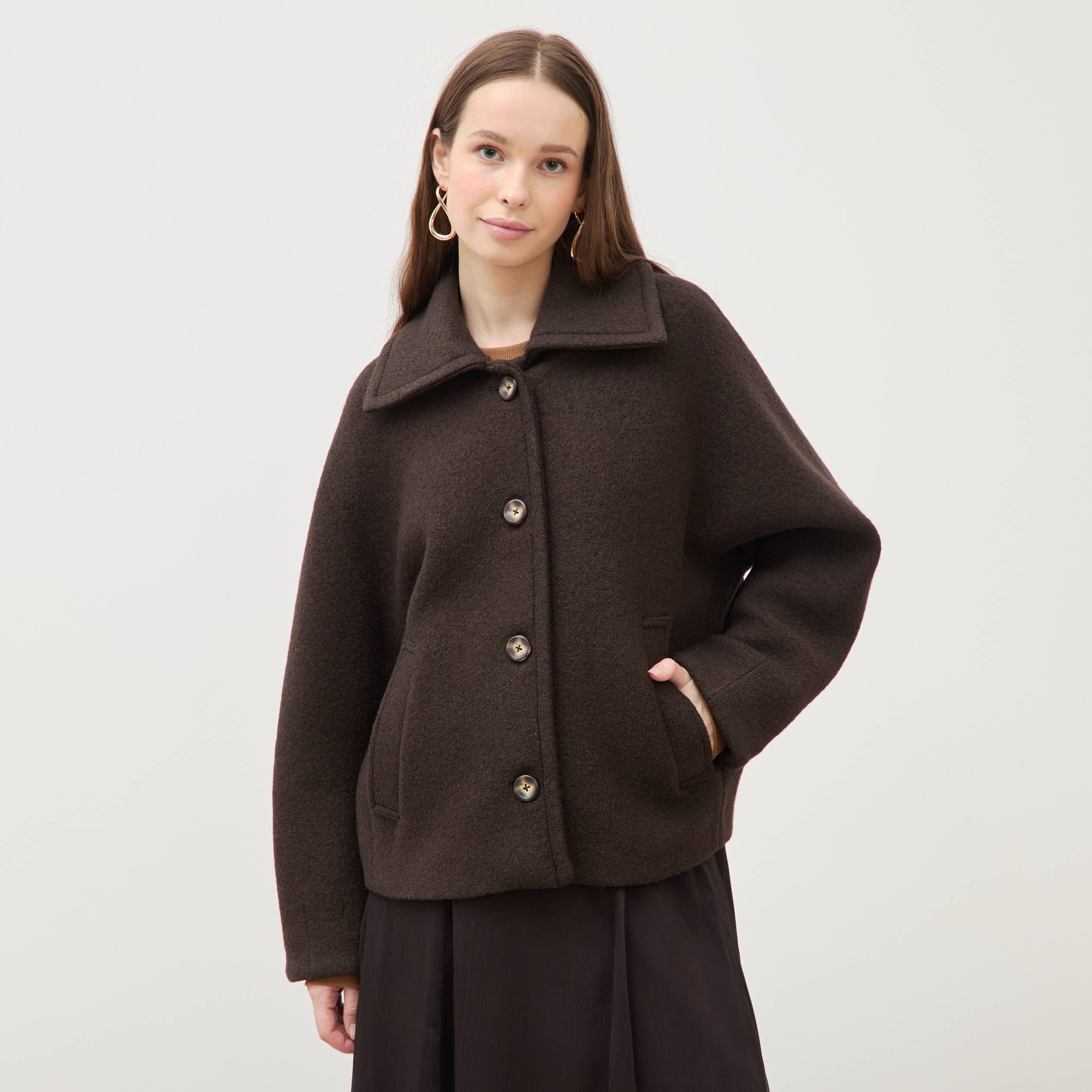 Manteau oversize court col tailleur marron fonc&eacute; femme