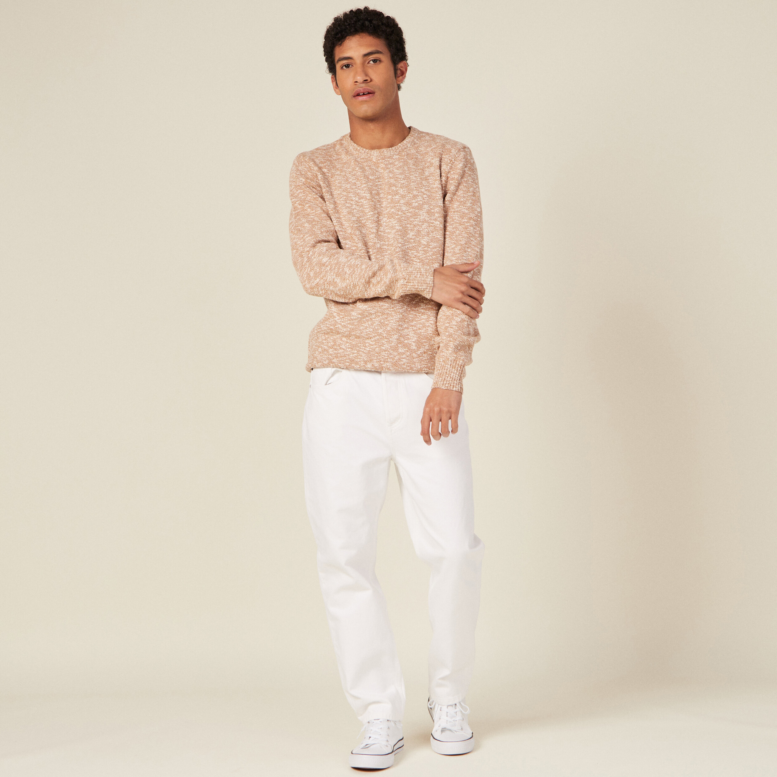 Pull manches longues col rond camel homme