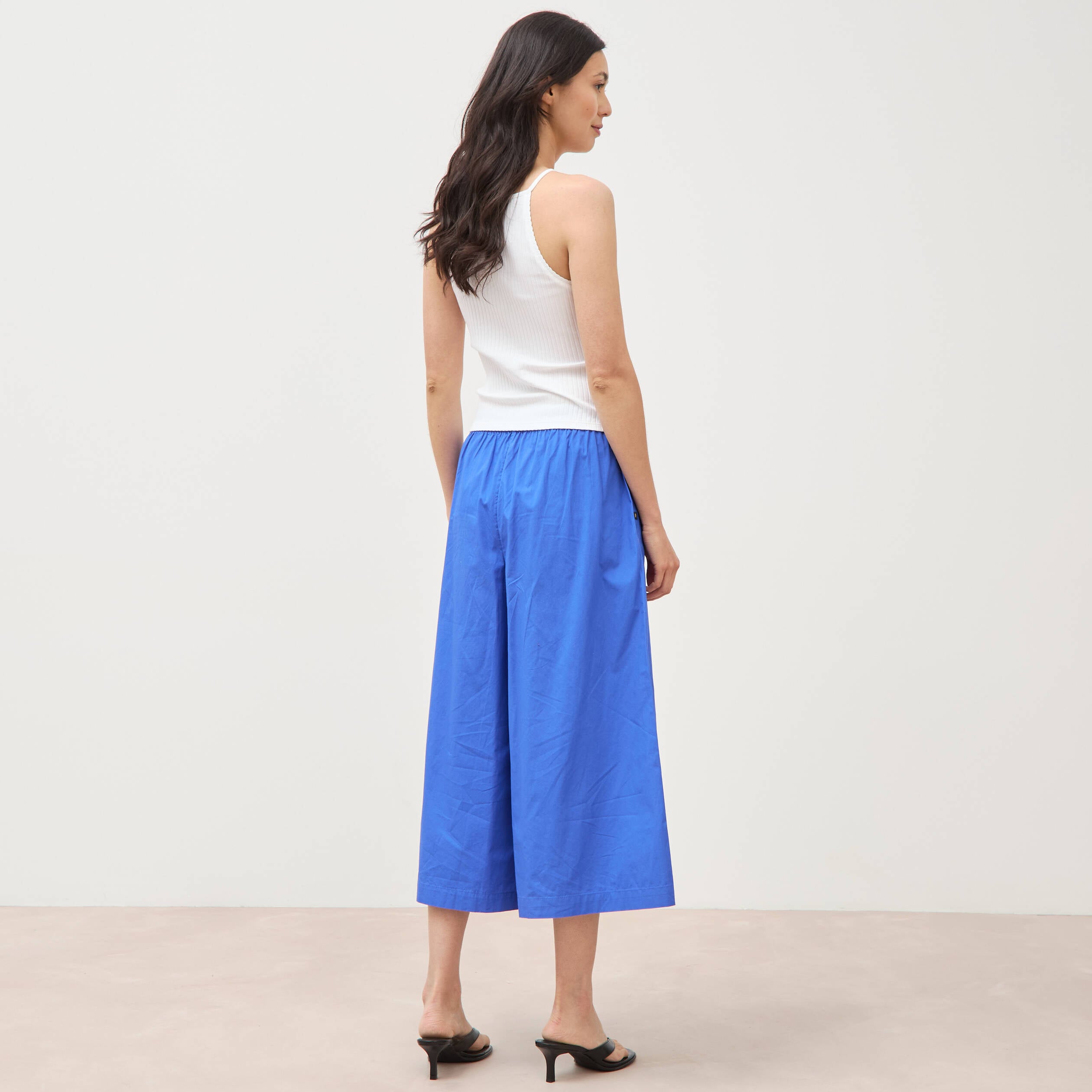 Pantalon large taille haute 3/4 en coton bleu electrique femme