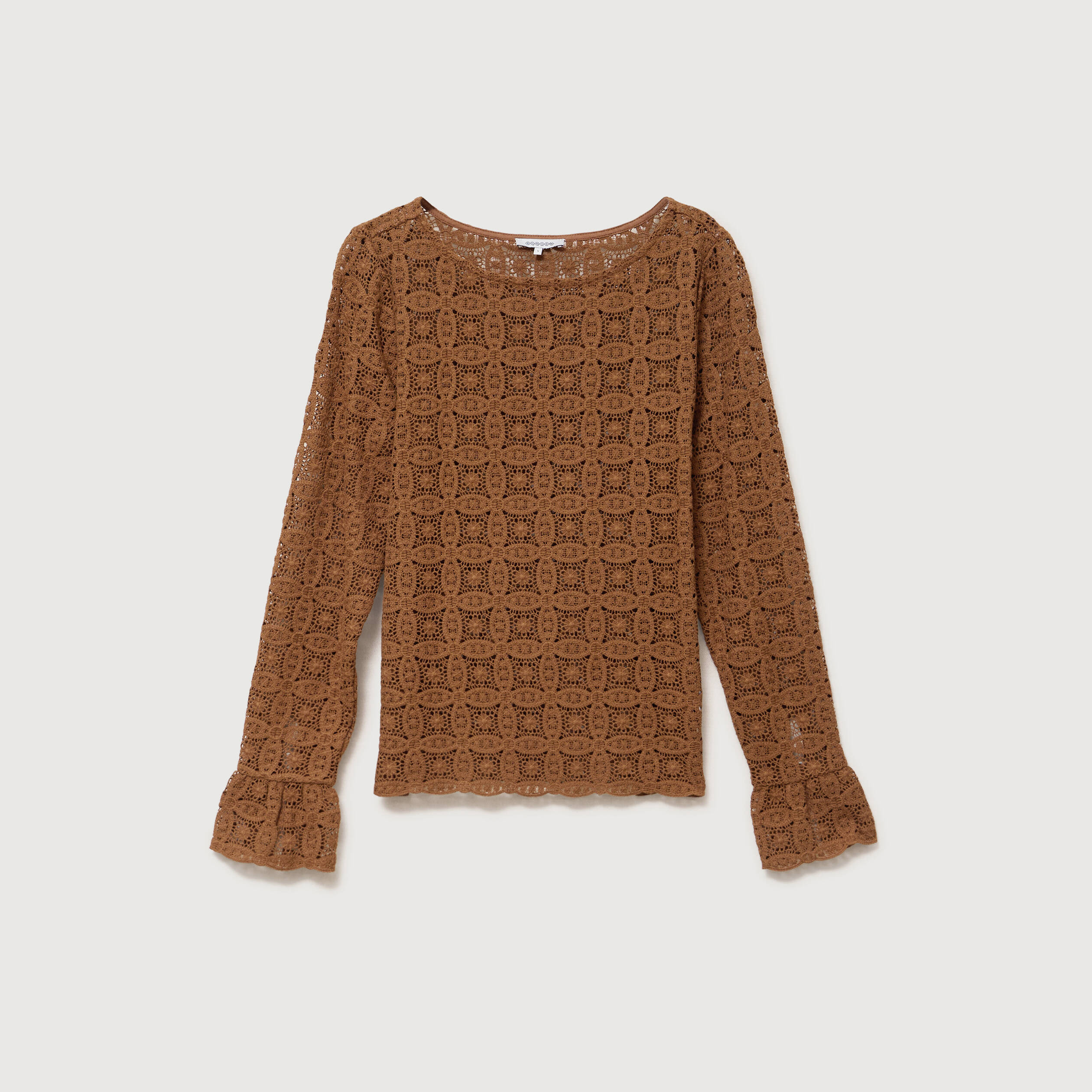 T-shirt manches longues en dentelle marron femme