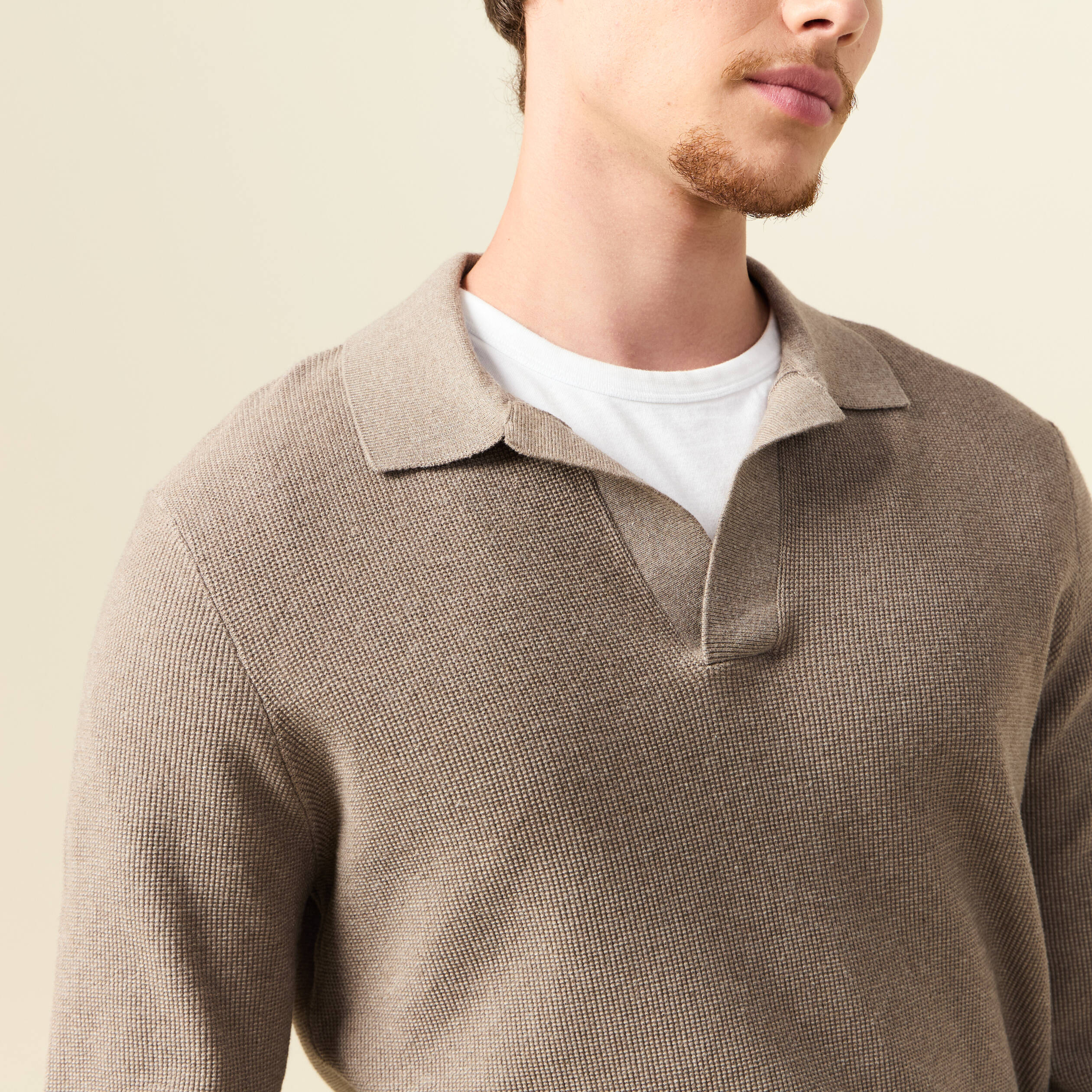 Pull droit col polo manches longues vert kaki homme