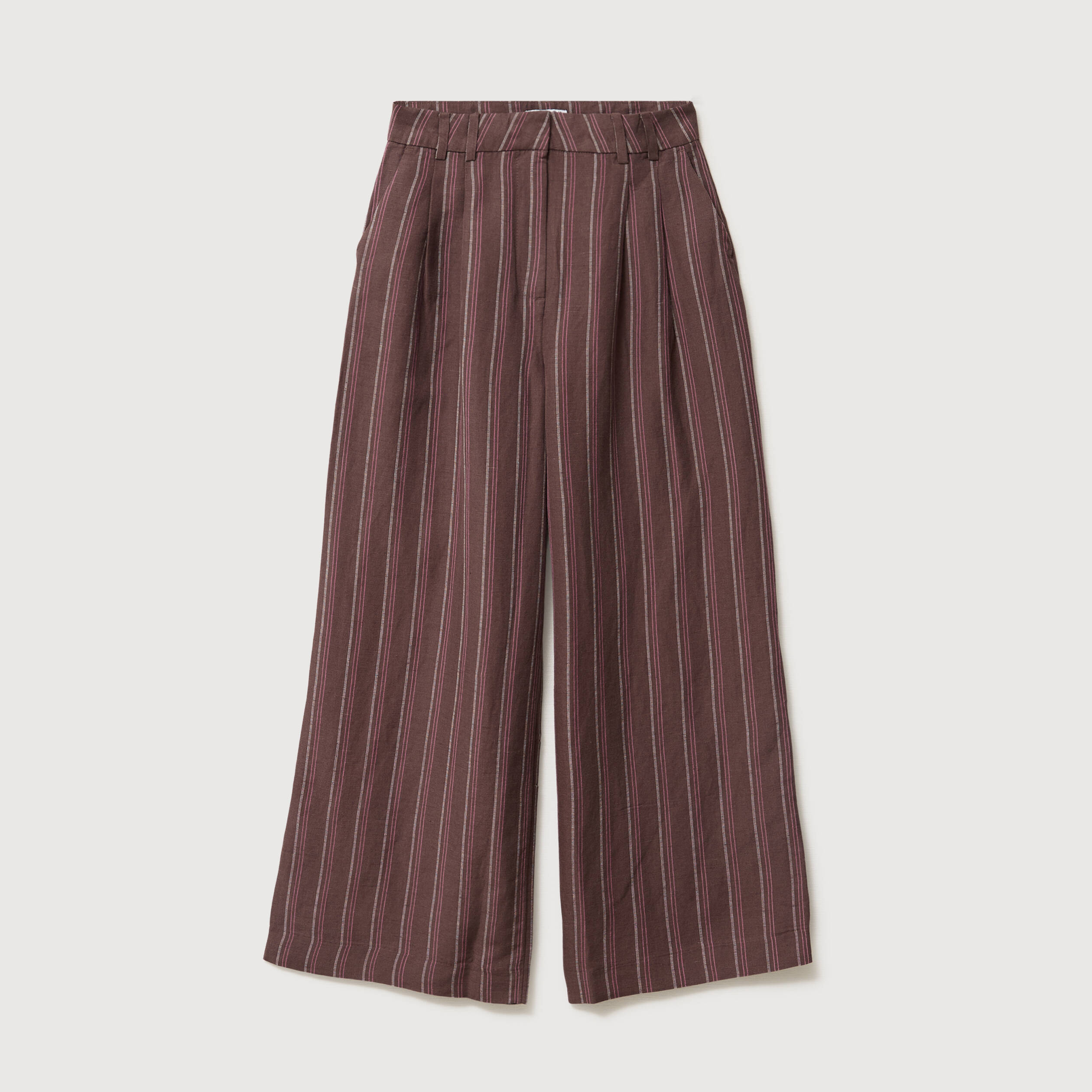 Pantalon large taille haute ray&eacute; marron chocolat femme