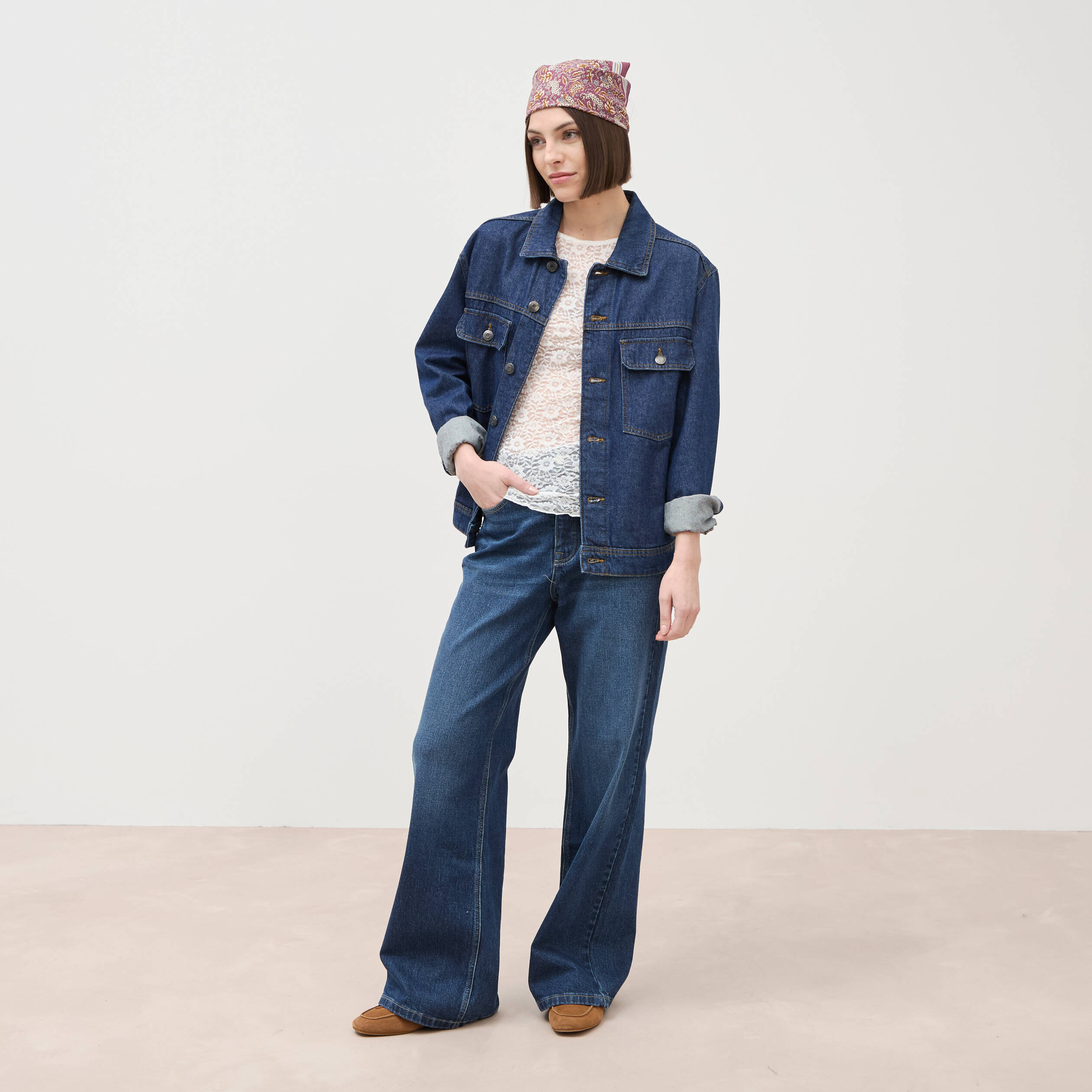 Jeans large taille haute denim brut femme