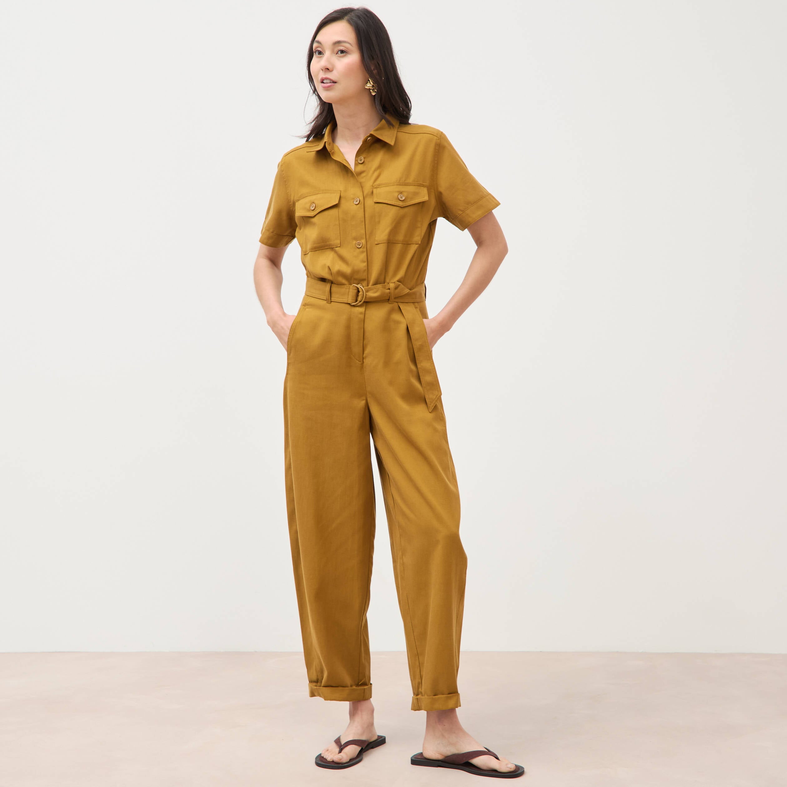 Combinaison salopette col am&eacute;ricain vert olive femme