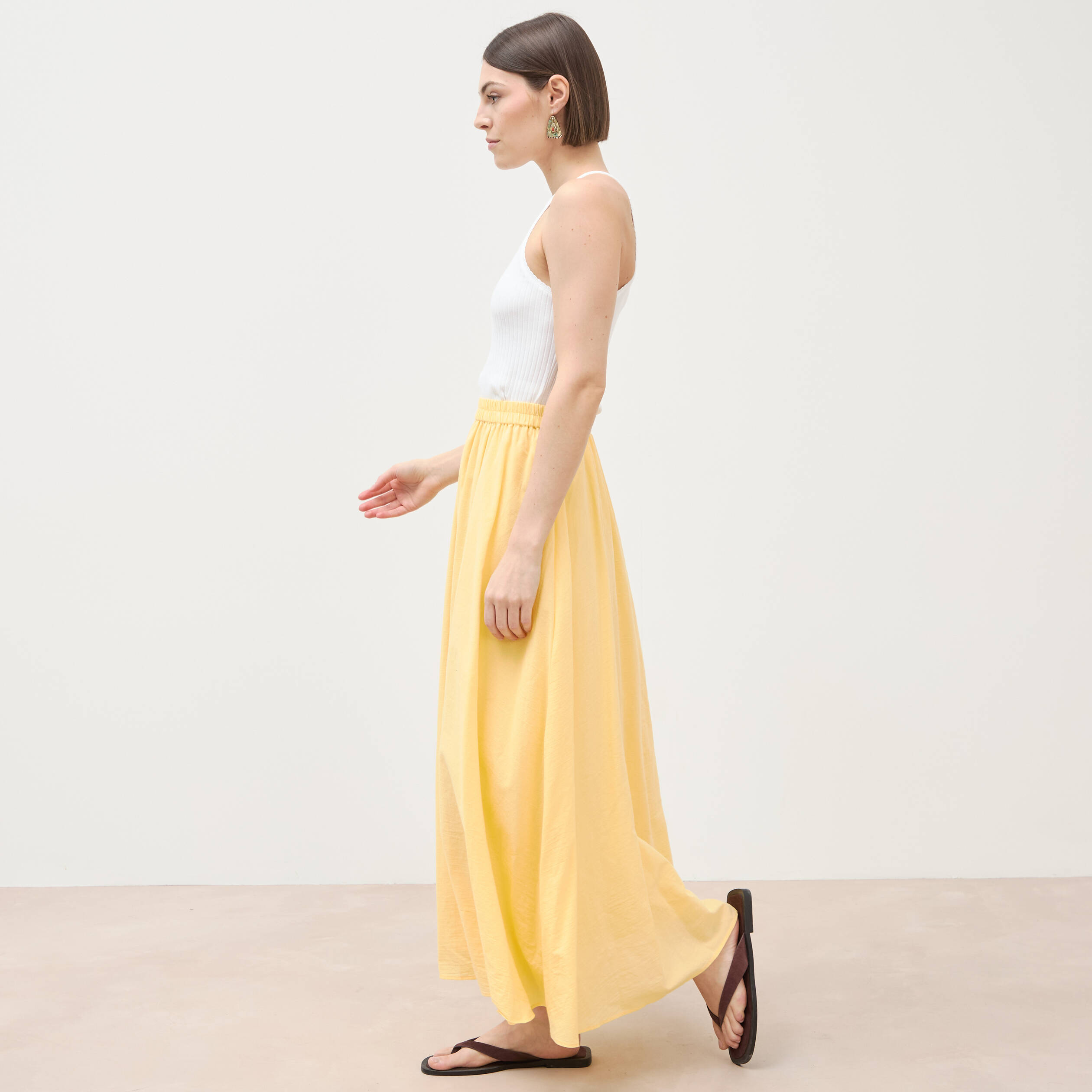 Jupe longue &eacute;vas&eacute;e en coton doubl&eacute;e jaune clair femme