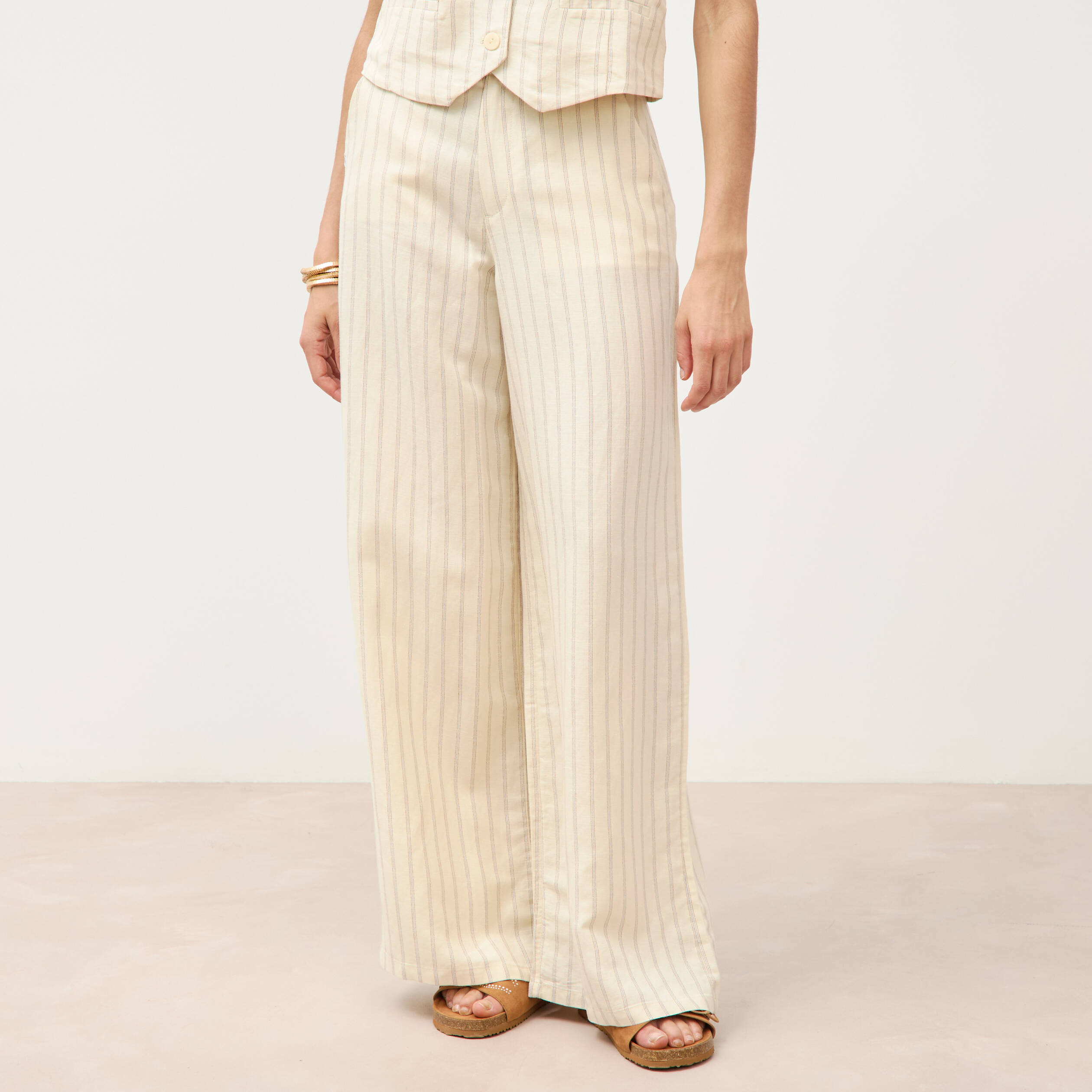 Pantalon large taille haute ceinture jaune pastel femme