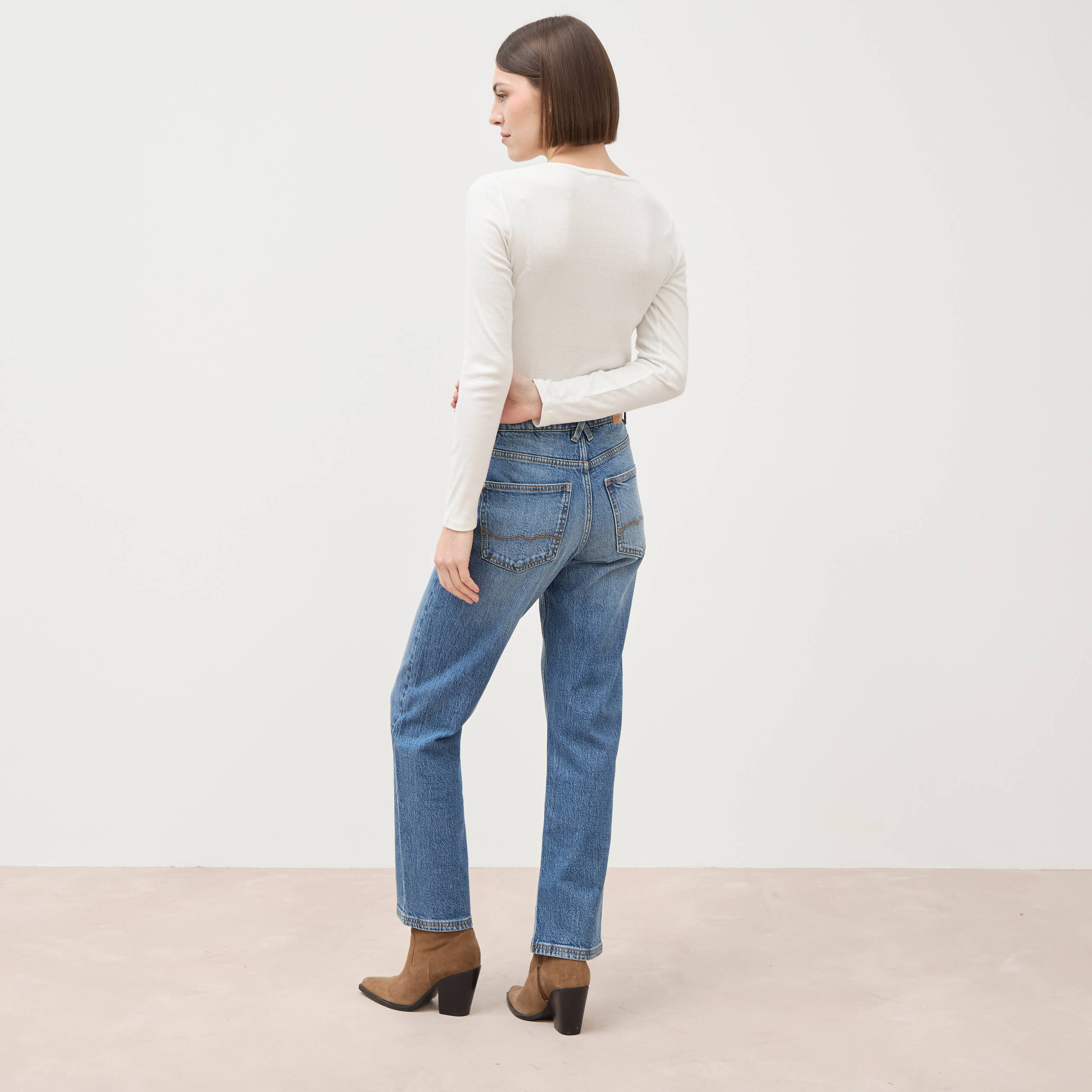 Jeans straight 7/8&egrave;me taille haute denim stone femme