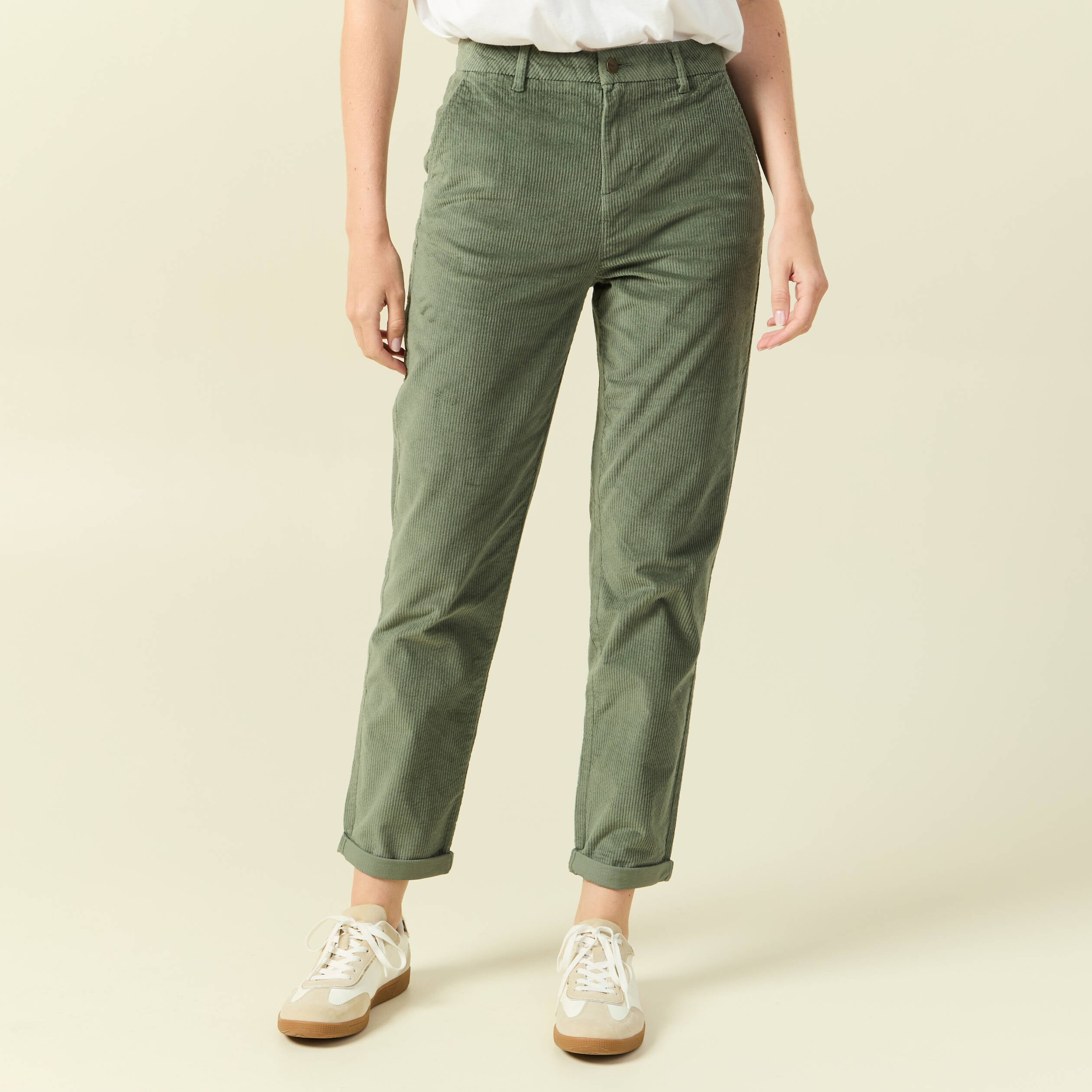 Pantalon large 7/8&egrave;me taille haute vert kaki femme