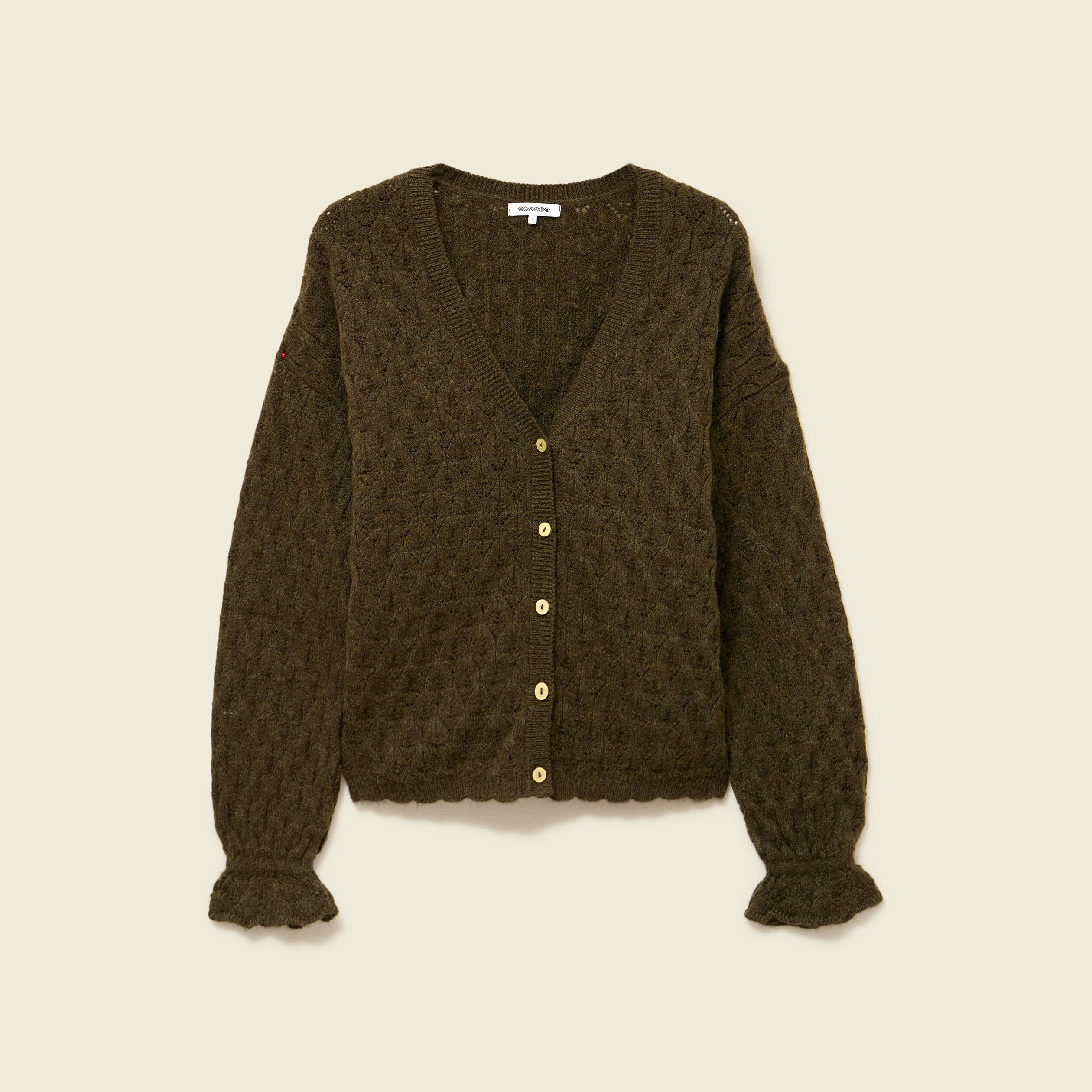 Gilet ajour&eacute; droit court col v vert kaki femme