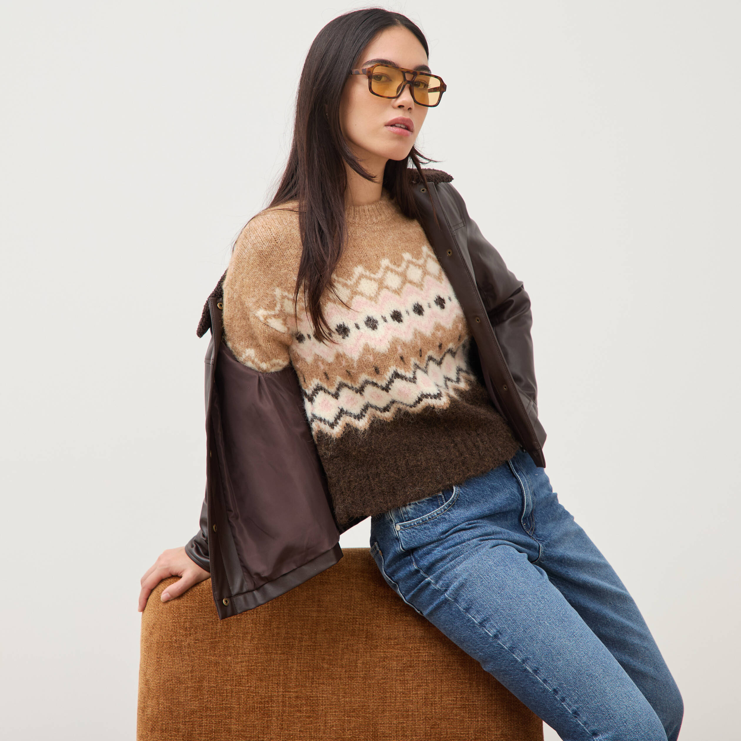 Pull droit col rond manches longues marron femme
