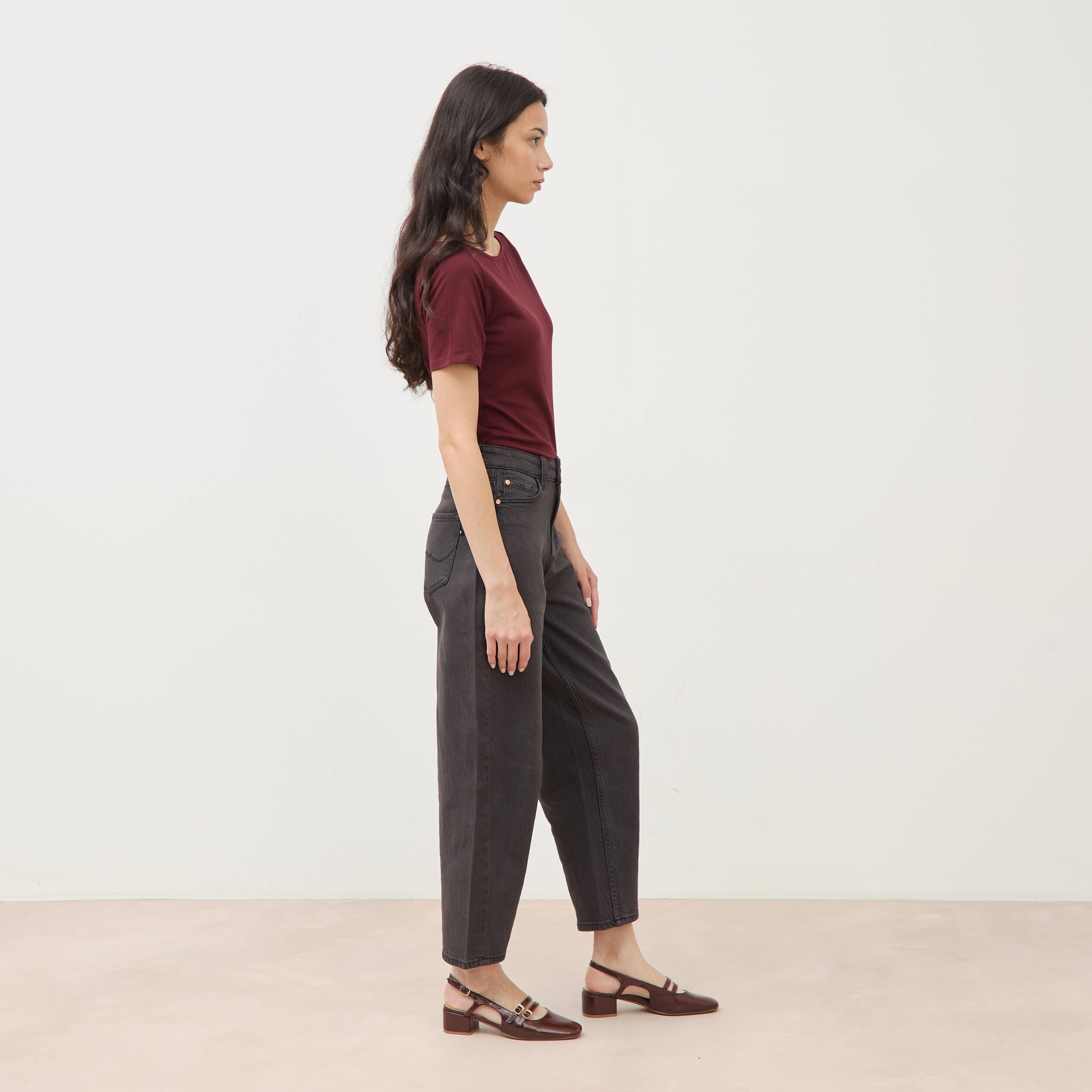 Jeans barrel taille haute 7/8&egrave;me denim gris femme
