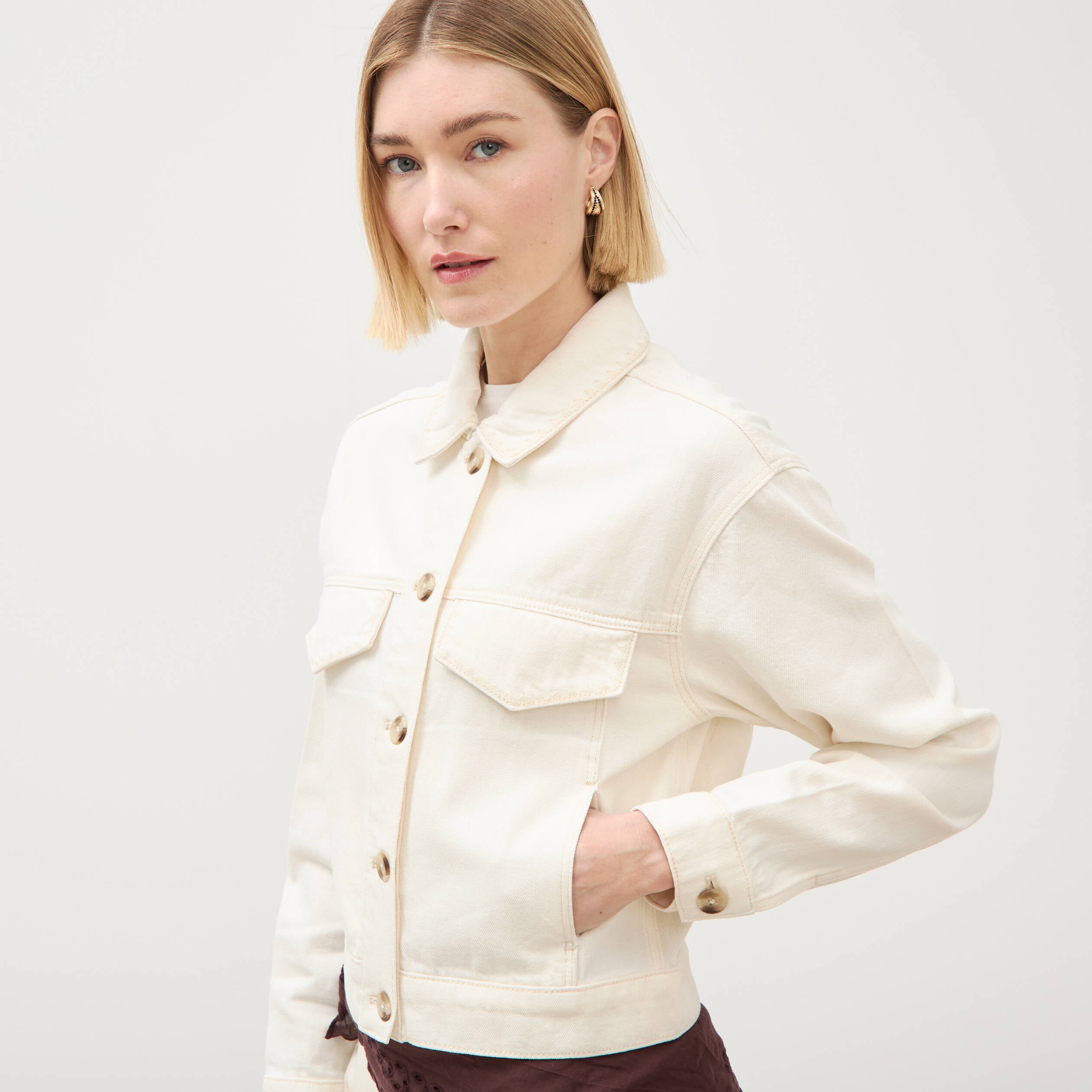 Blouson oversize manches longues denim blanc femme